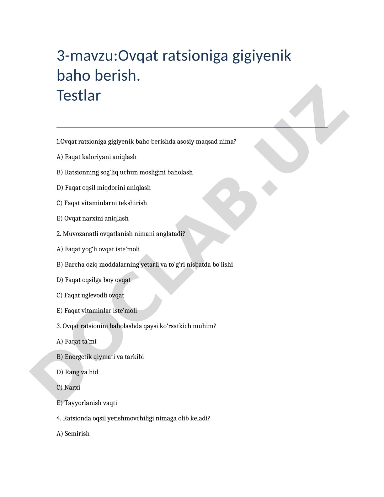 Ovqat ratsioniga gigiyenik baho berish