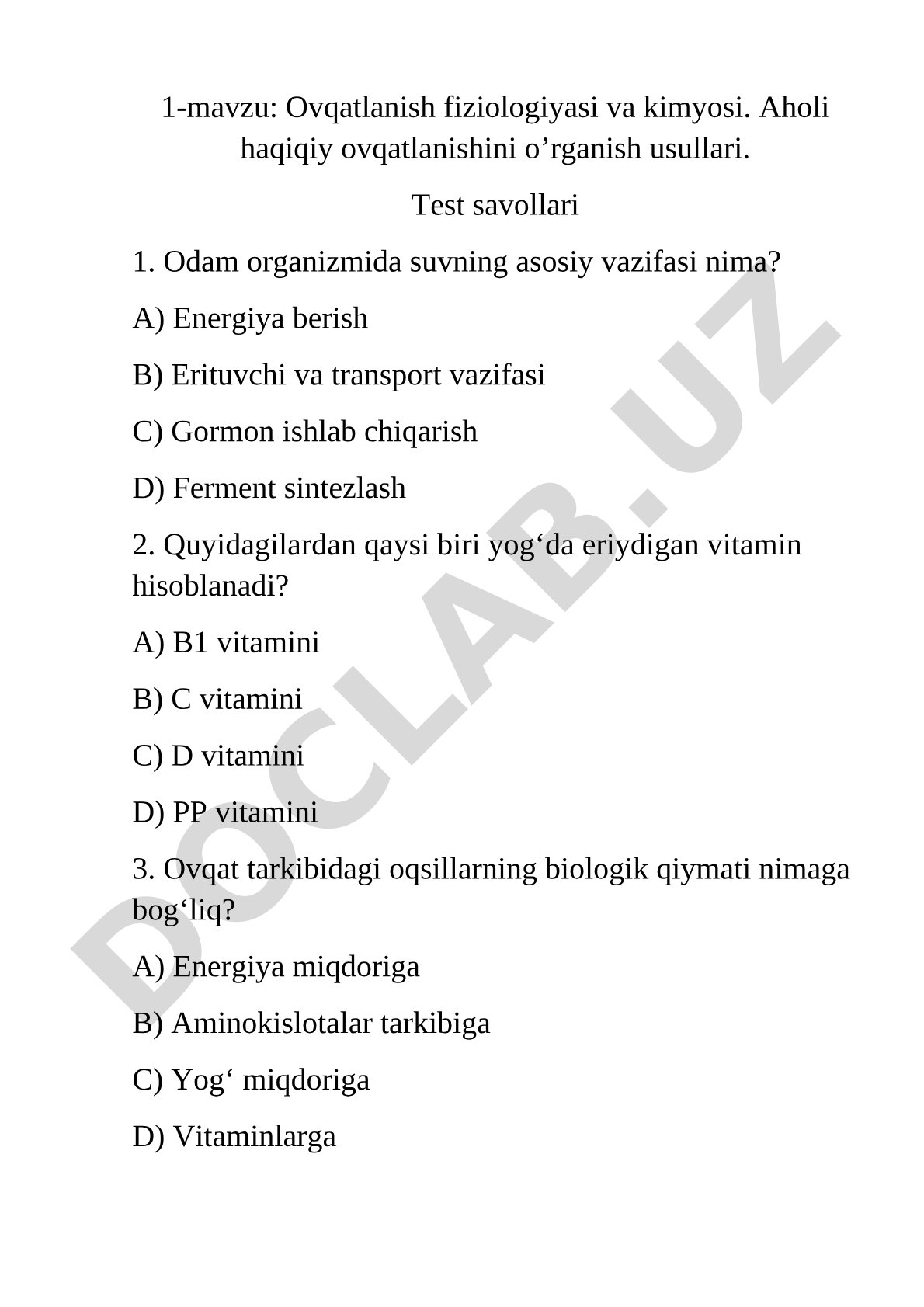 Ovqatlanish fiziologiyasi va kimyosi. Aholi haqiqiy ovqatlanishini o'rganish usullari