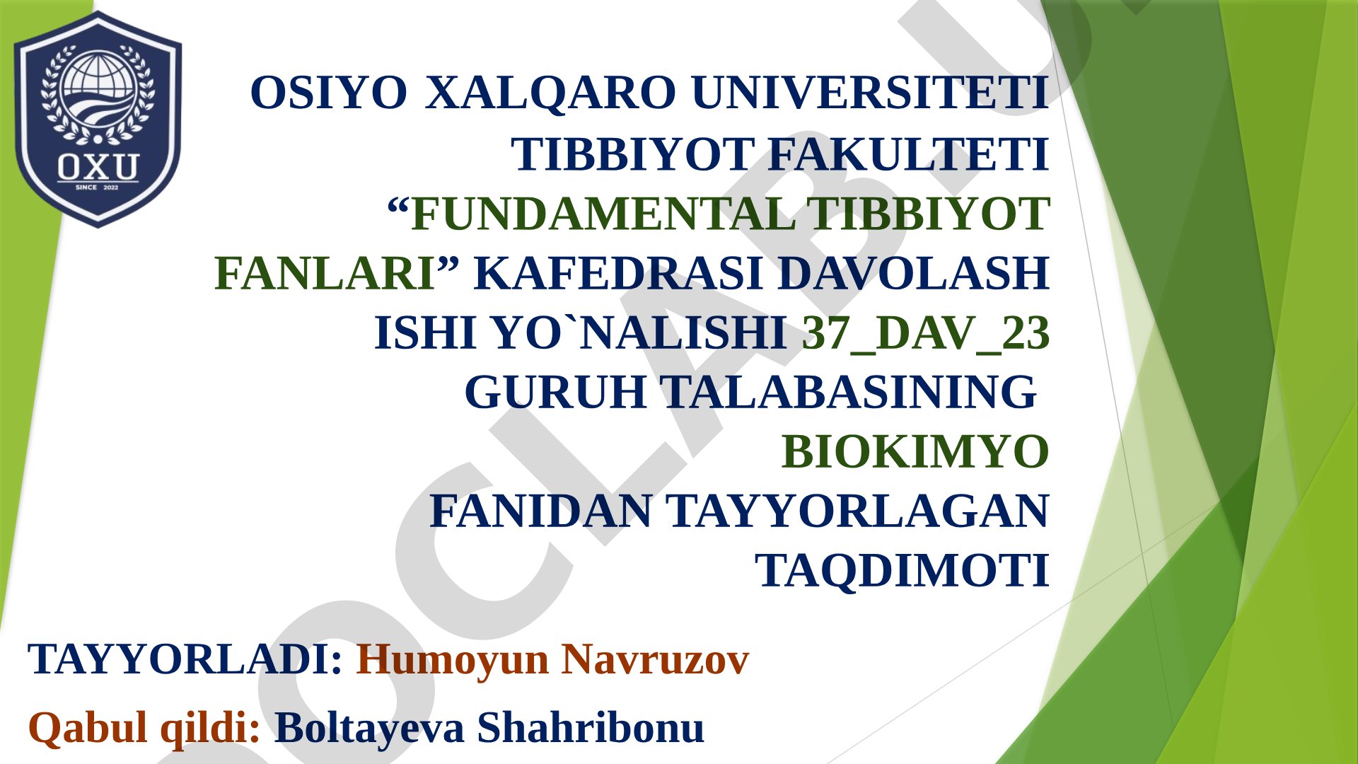 Metabolik sindrom kelib chiqishining biokimyoviy asoslari va asoratlari
