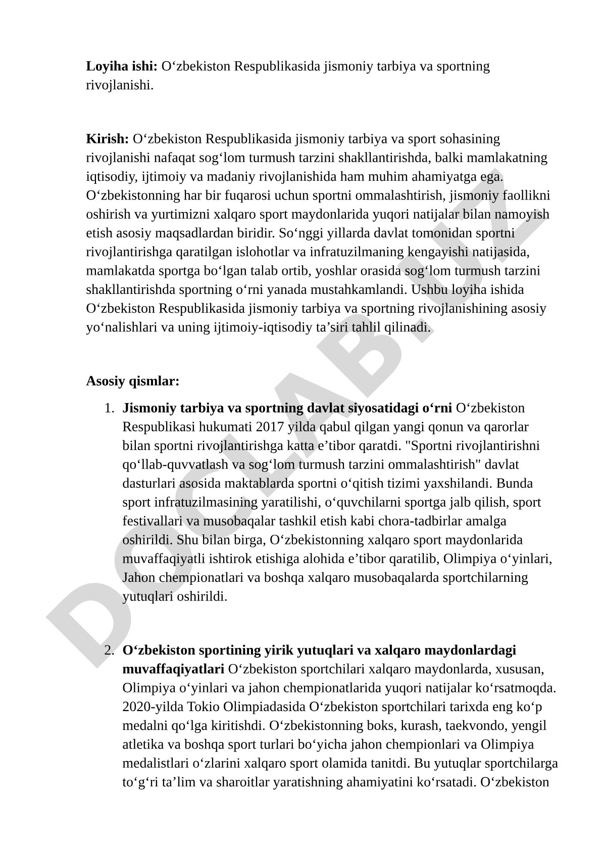 O‘zbekiston Respublikasida jismoniy tarbiya va sportning rivojlanishi