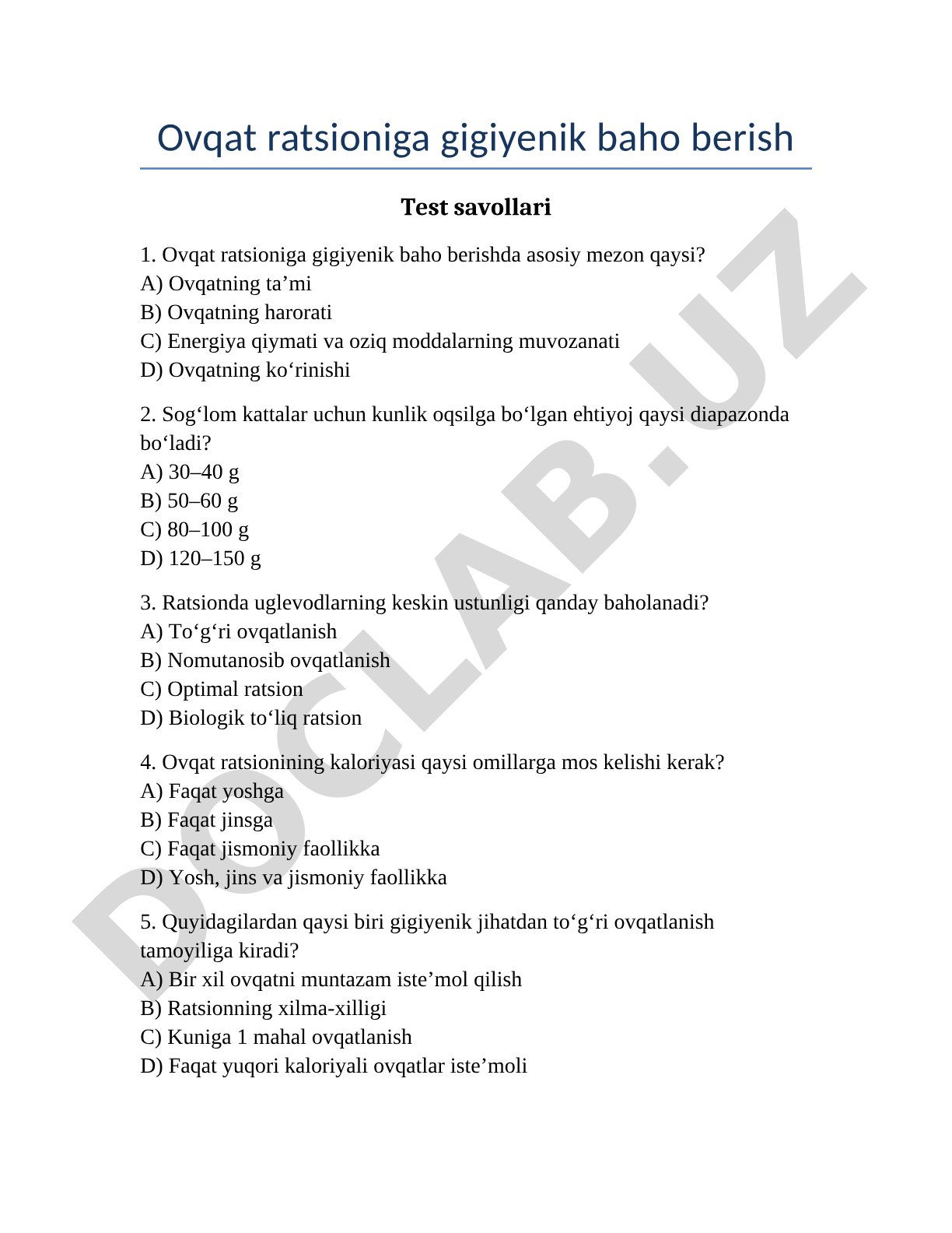Ovqat ratsioniga gigiyenik baho berish test savollari