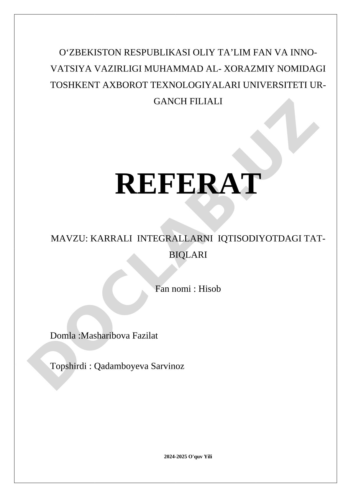 Karrali integrallarning iqtisodiyotdagi tatbiqlari