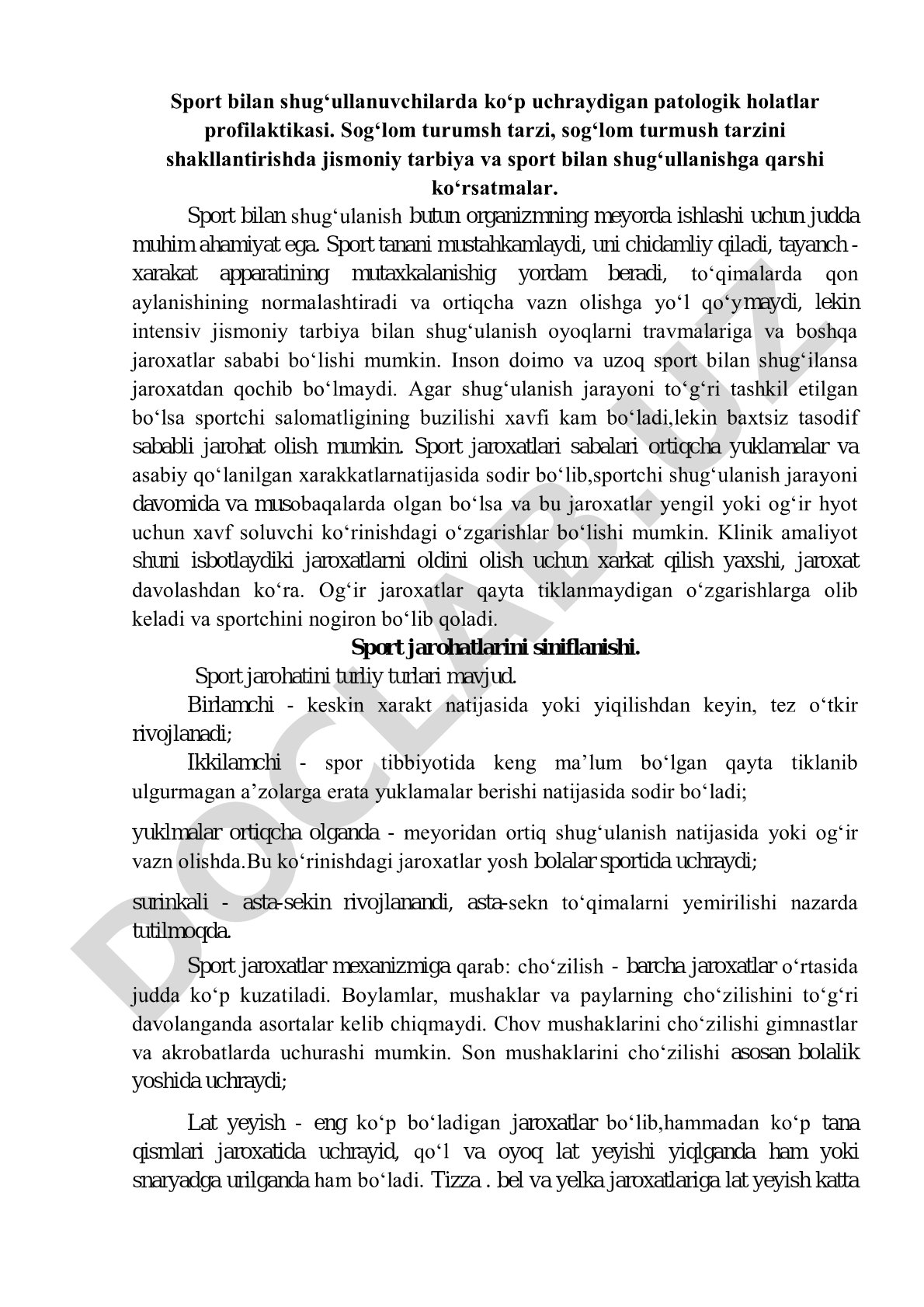 Sport bilan shug‘ullanuvchilarda ko‘p uchraydigan patologik holatlar profilaktikasi