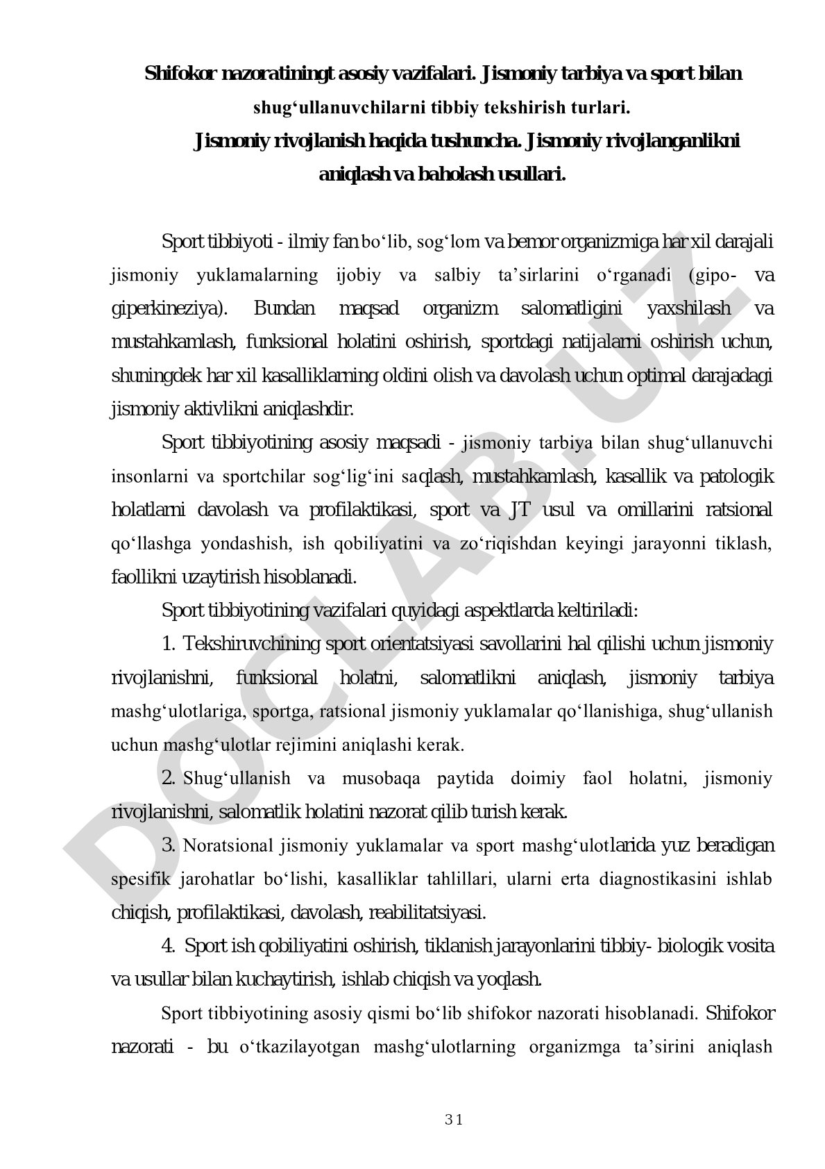 Shifokor nazoratining asosiy vazifalari va sport tibbiyoti