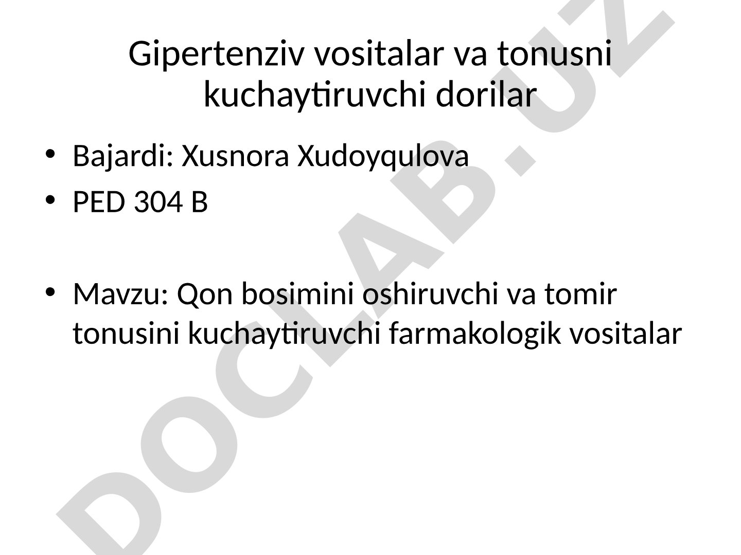 Qon bosimini oshiruvchi va tomir tonusini kuchaytiruvchi farmakologik vositalar