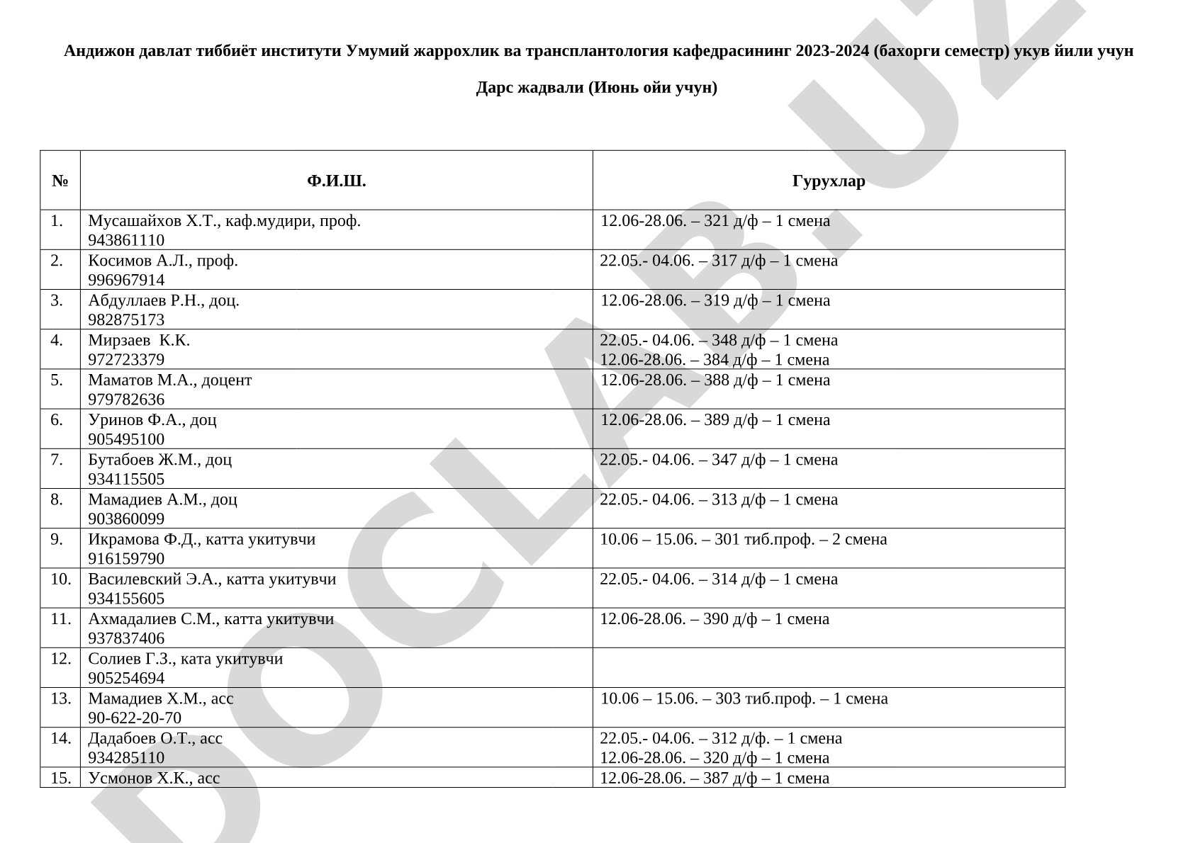 Андижон давлат тиббиёт институти Умумий жаррохлик ва трансплантология кафедраси дарс жадвали (2023-2024 бахорги семестр, июнь)