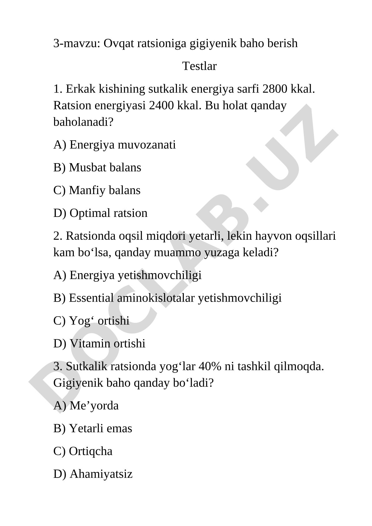 Ovqat ratsioniga gigiyenik baho berish testlari