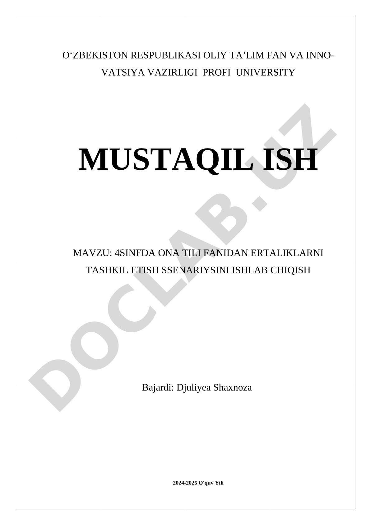 4-sinfda ona tili fanidan ertaliklarni tashkil etish ssenariysini ishlab chiqish