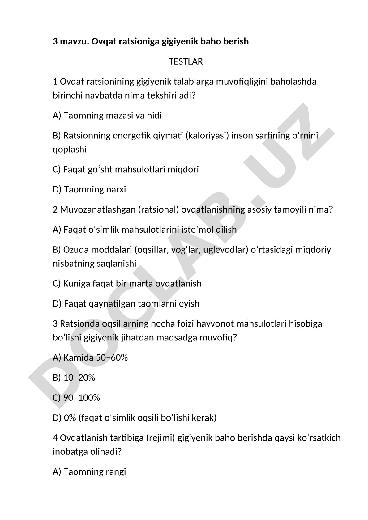 Ovqat ratsioniga gigiyenik baho berish testlari