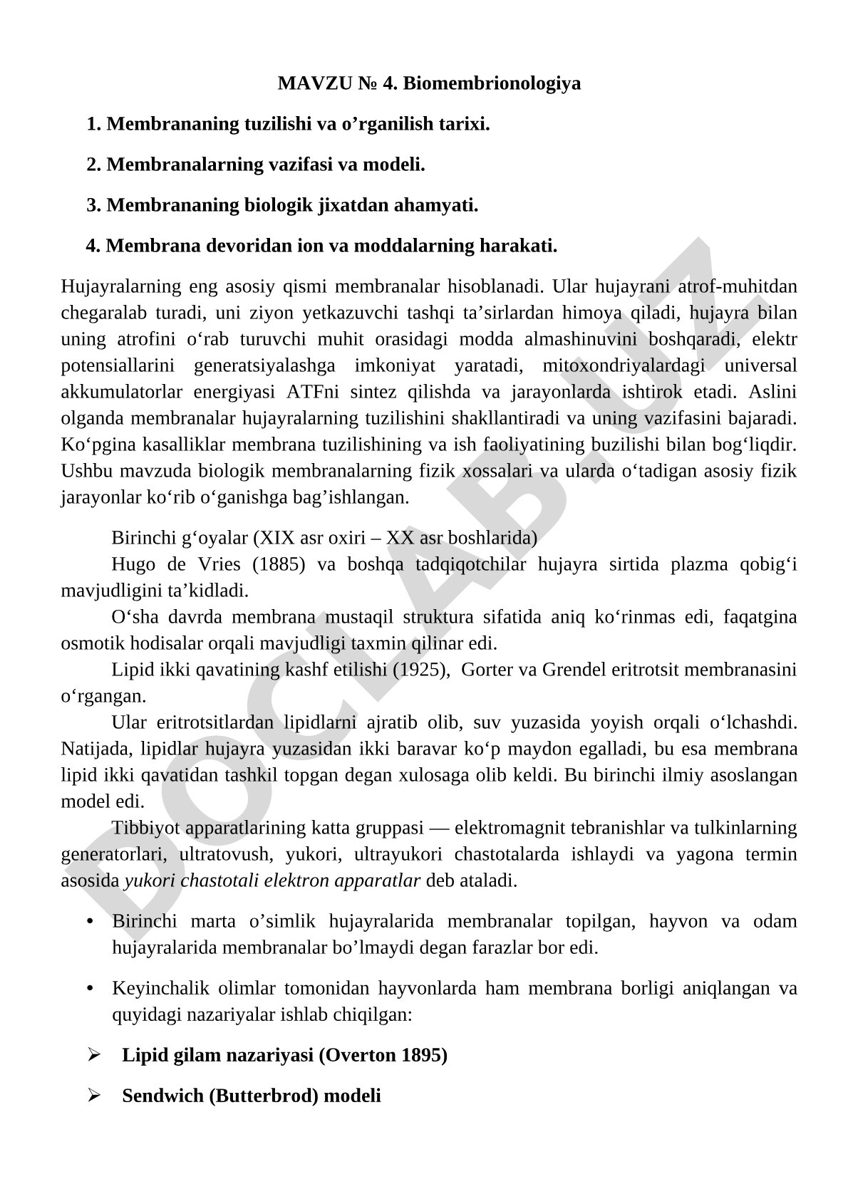 Biomembrionologiya: Membrananing tuzilishi, vazifasi va biologik ahamiyati