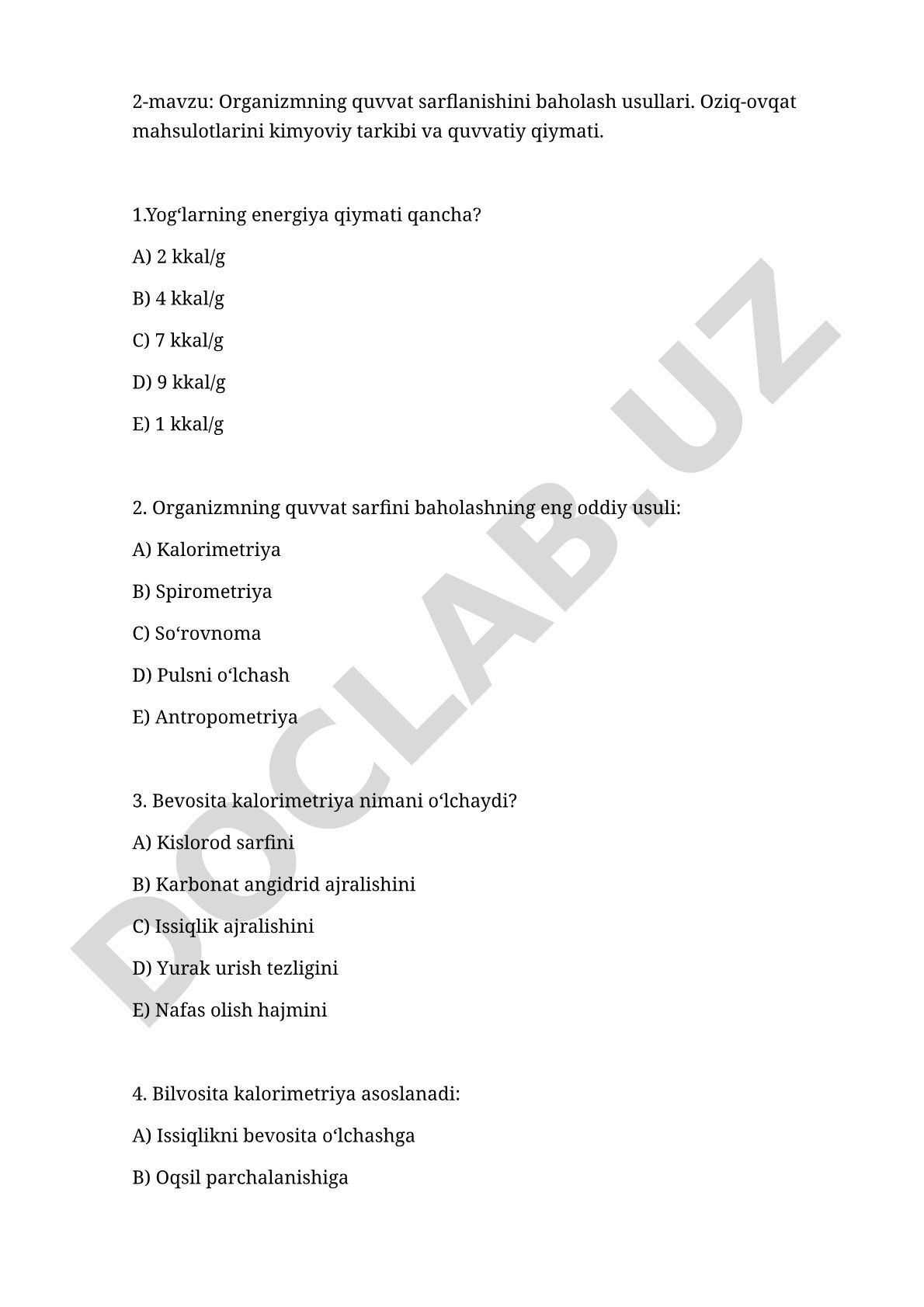 Organizmning quvvat sarflanishini baholash usullari
