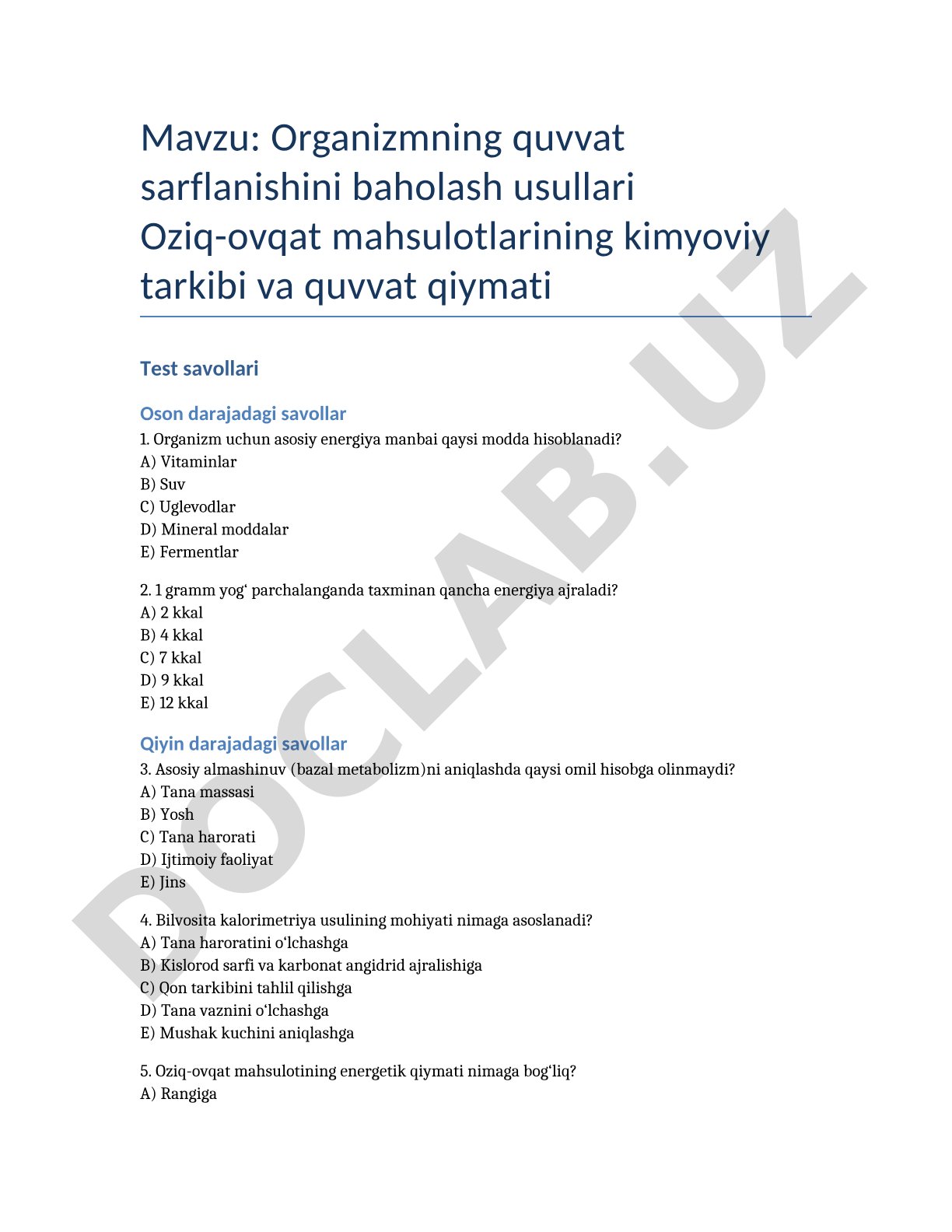 Organizmning quvvat sarflanishini baholash usullari
