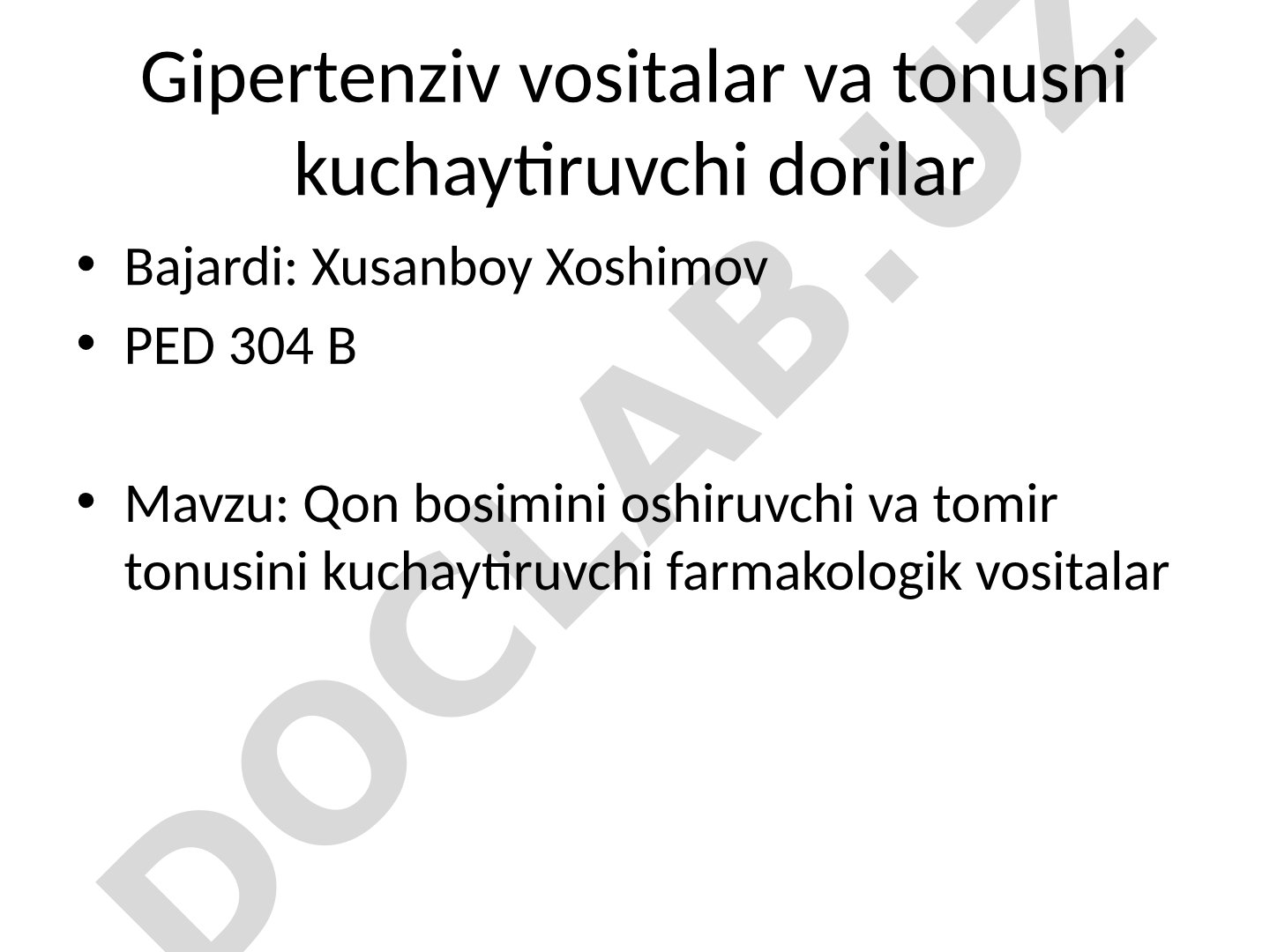 Qon bosimini oshiruvchi va tomir tonusini kuchaytiruvchi farmakologik vositalar