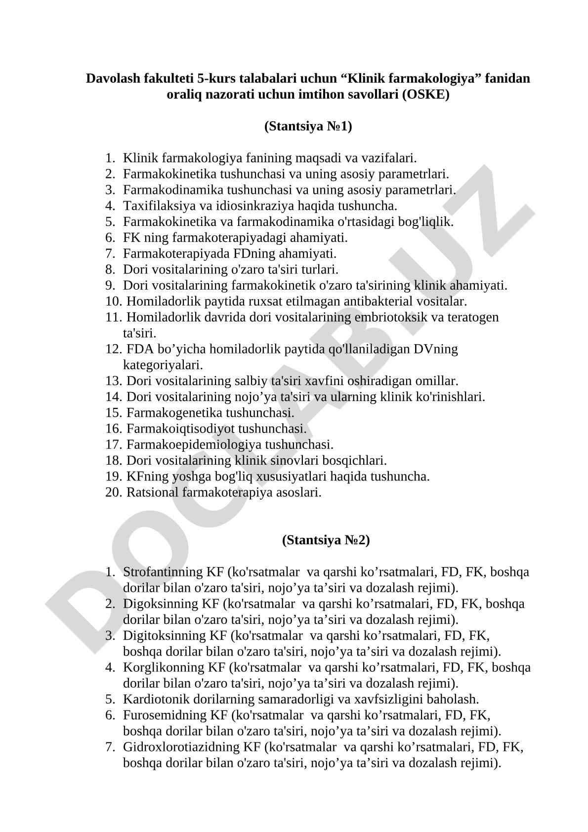 Klinik farmakologiya fanidan oraliq nazorati imtihon savollari (OSKE)