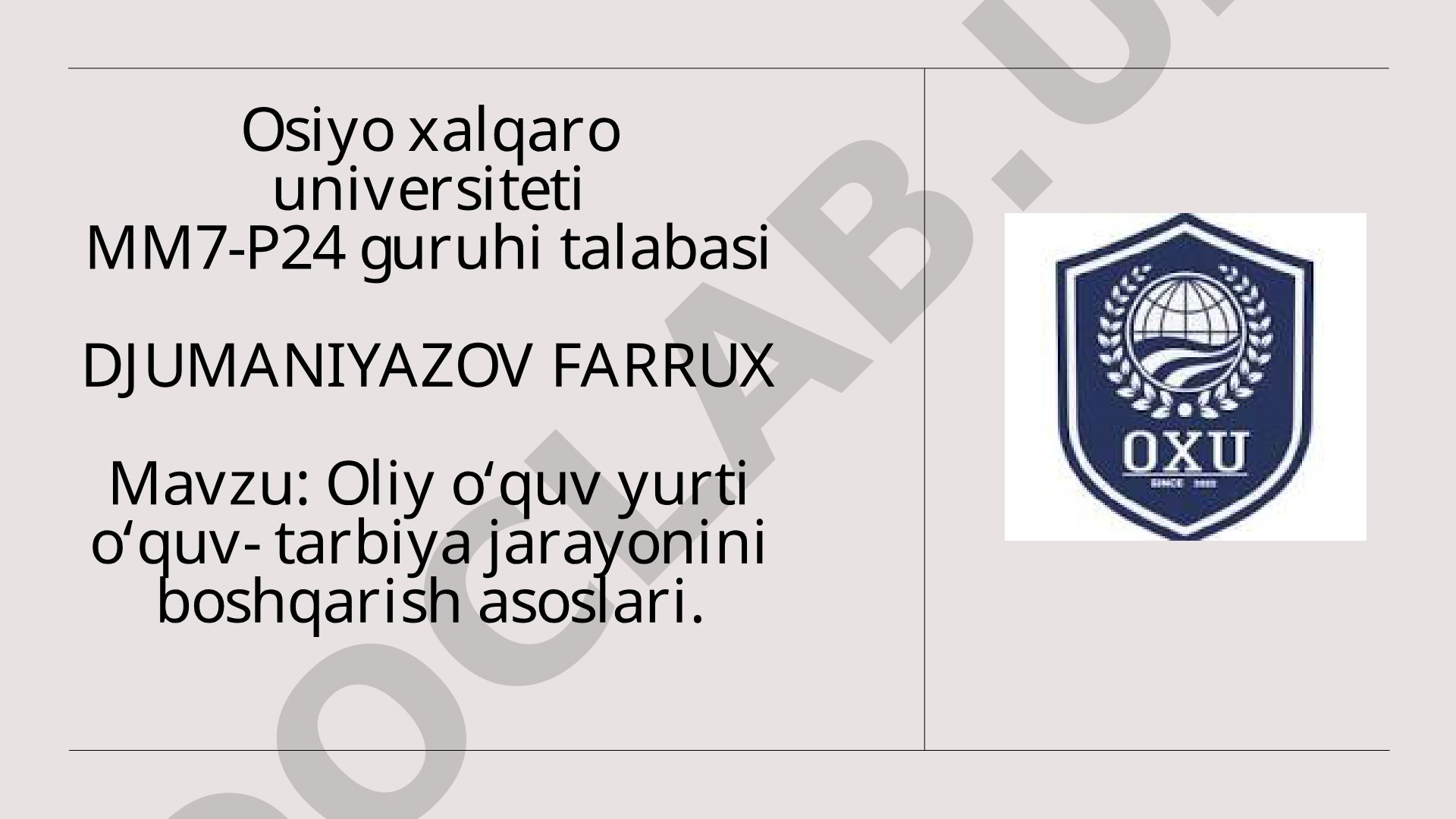 Oliy oʻquv yurti oʻquv-tarbiya jarayonini boshqarish asoslari