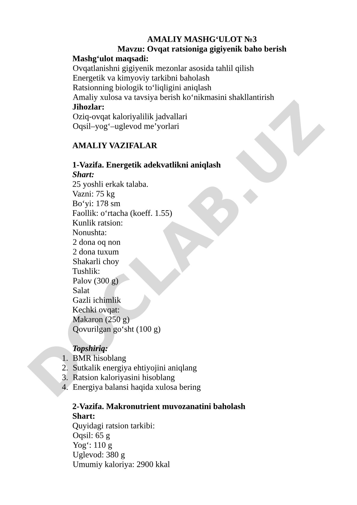 Ovqat ratsioniga gigiyenik baho berish