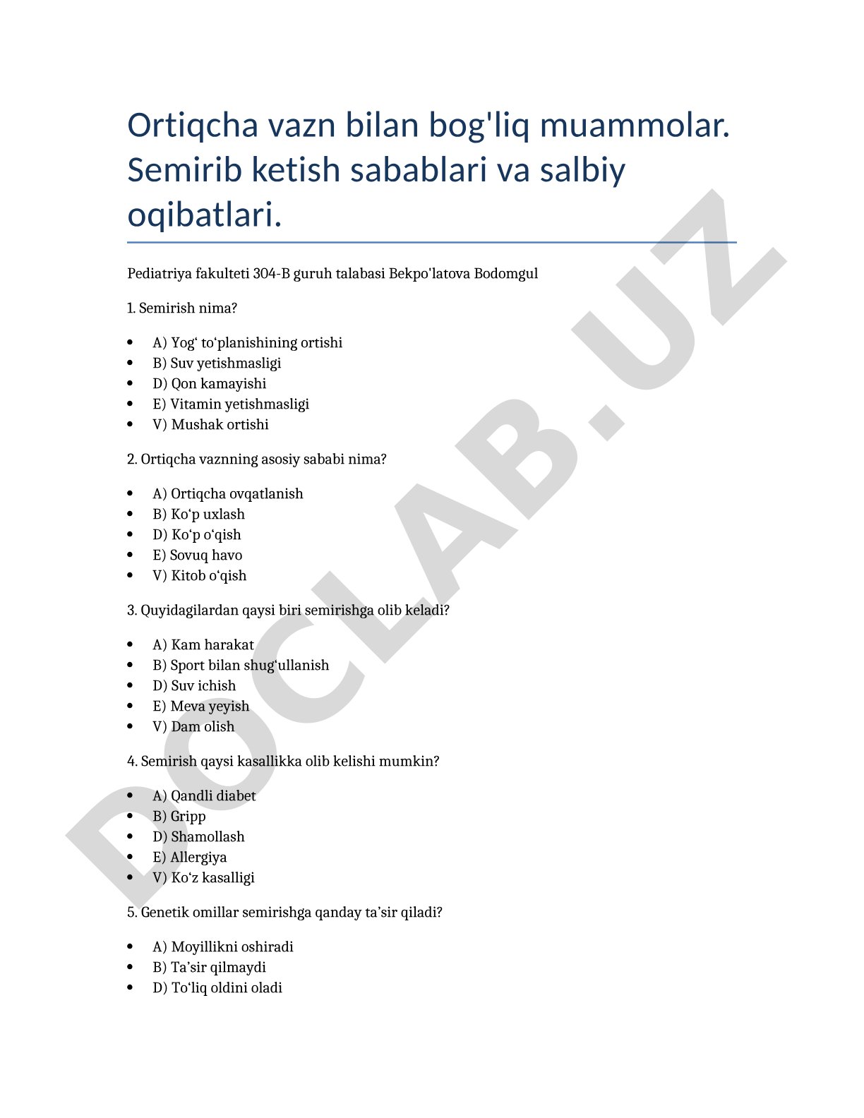 Ortiqcha vazn bilan bog'liq muammolar