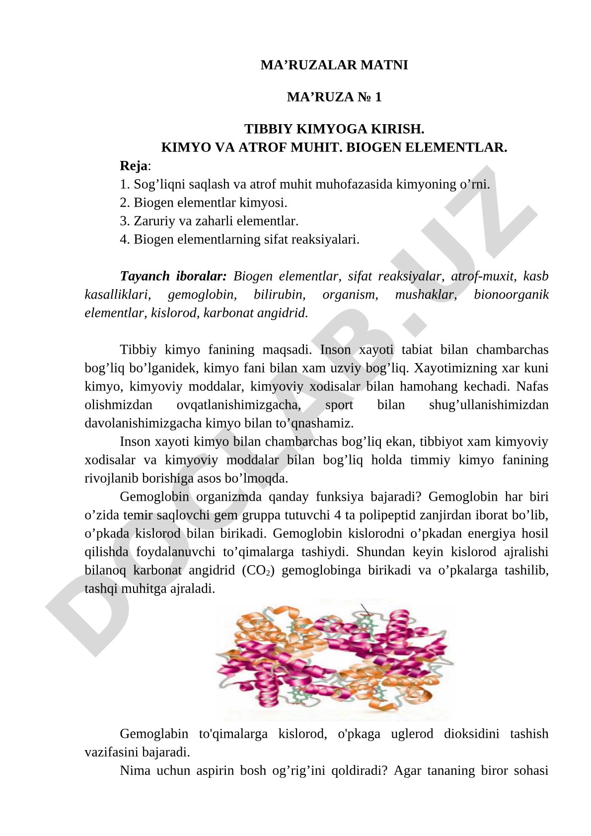 Tibbiy kimyoga kirish. Kimyo va atrof muhit. Biogen elementlar