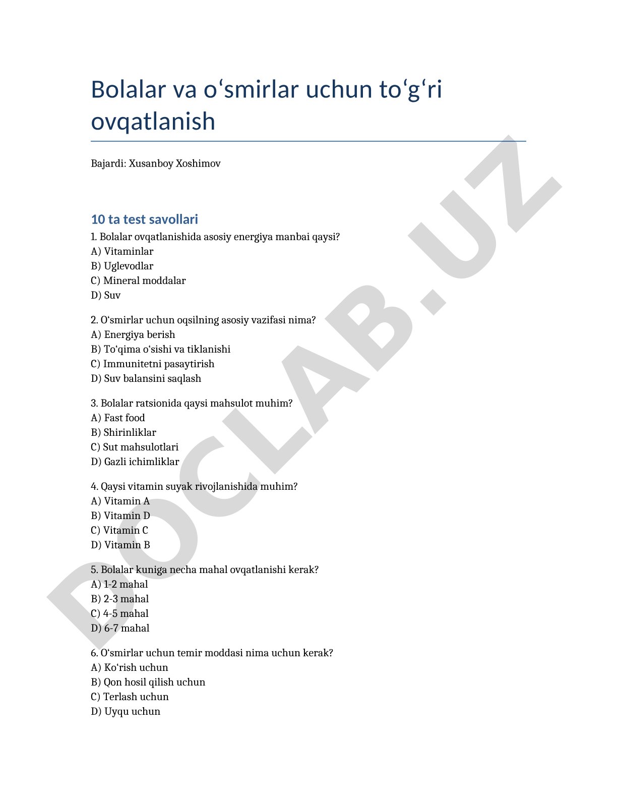 Bolalar va o‘smirlar uchun to‘g‘ri ovqatlanish