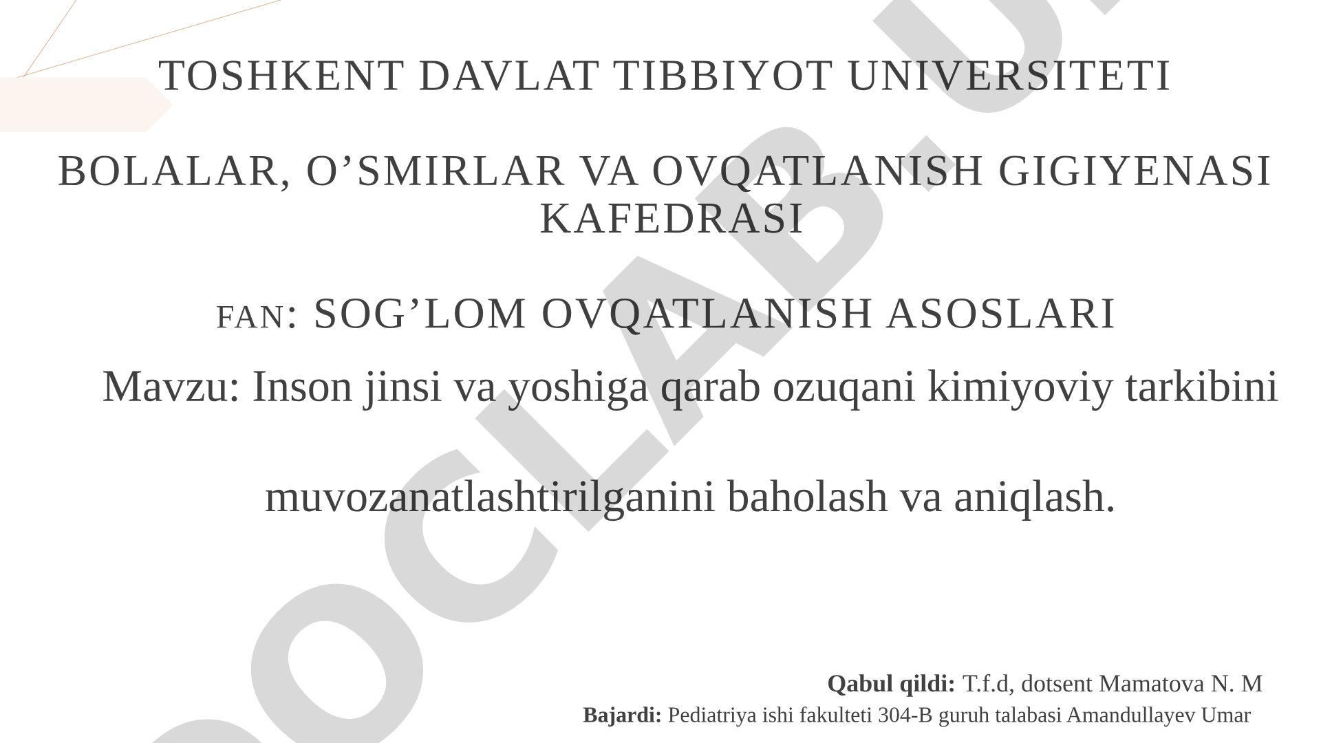 Inson jinsi va yoshiga qarab ozuqani kimyoviy tarkibini muvozanatlashtirilganini baholash va aniqlash