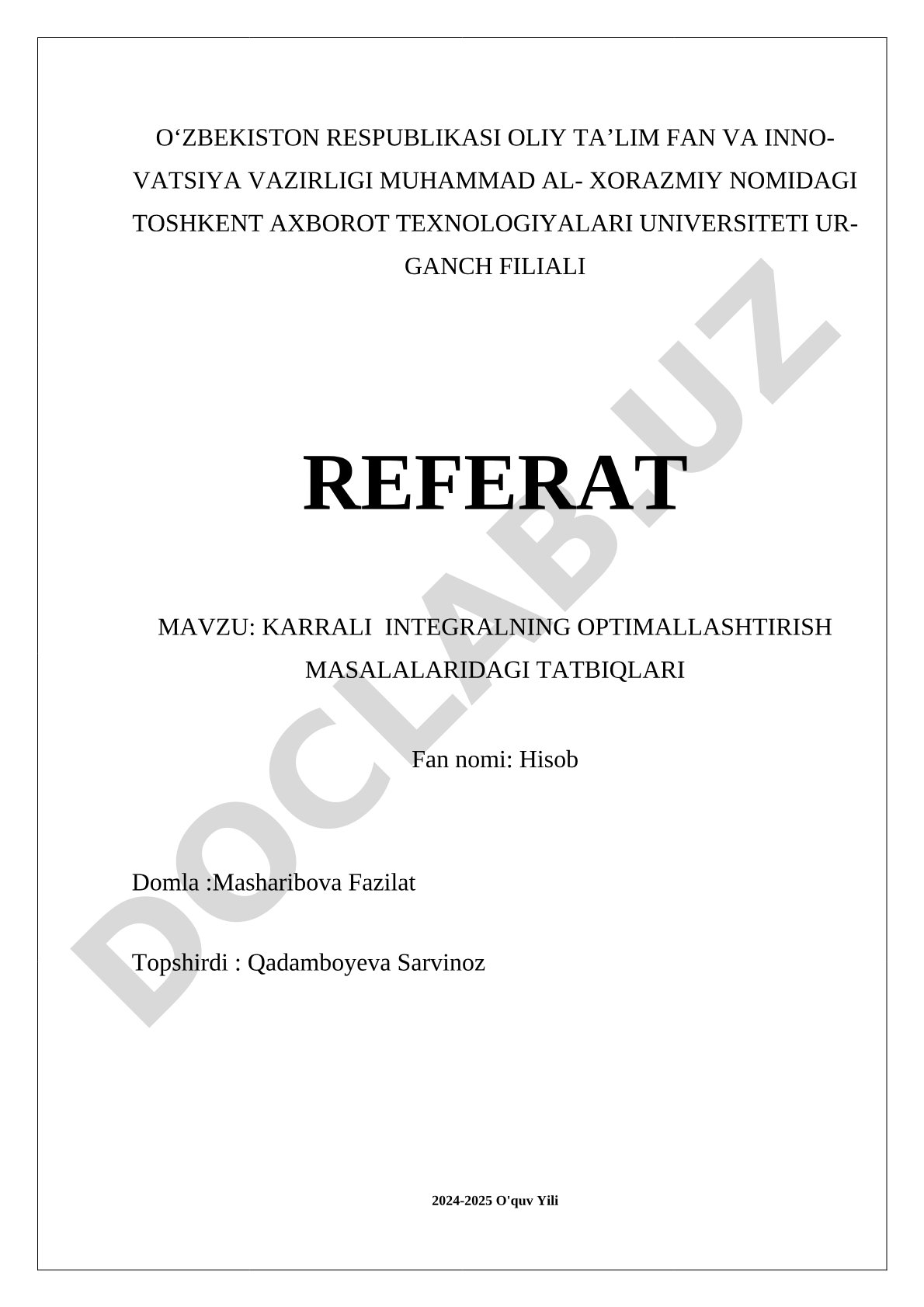 Karrali integralning optimallashtirish masalalari