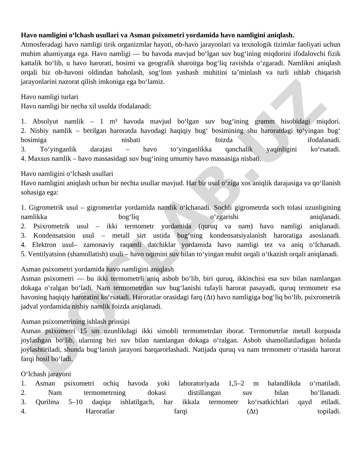 Havo namligini o‘lchash usullari va Asman psixometri yordamida aniqlash