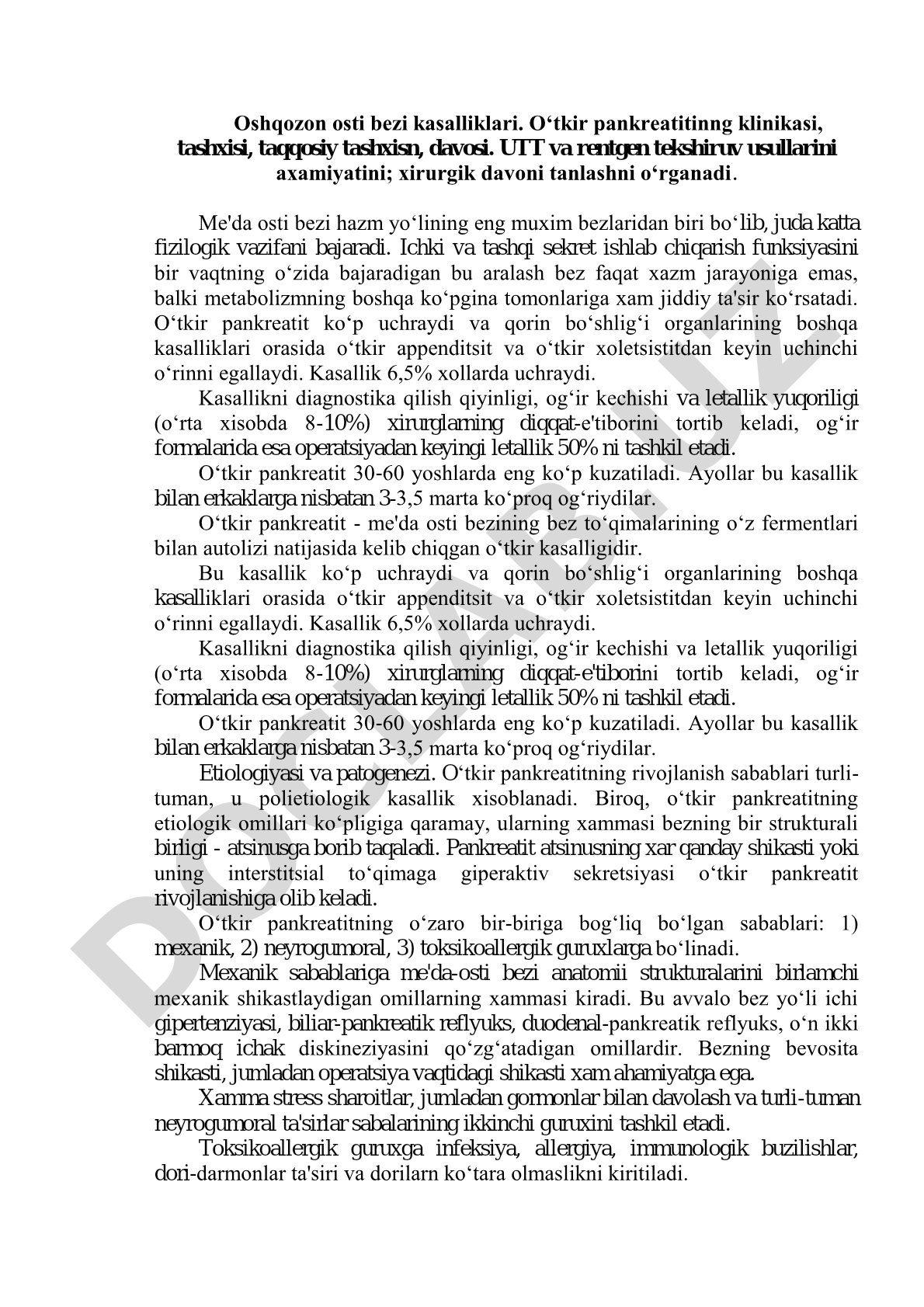 Oshqozon osti bezi kasalliklari: o'tkir pankreatit klinikasi, tashxisi, davosi