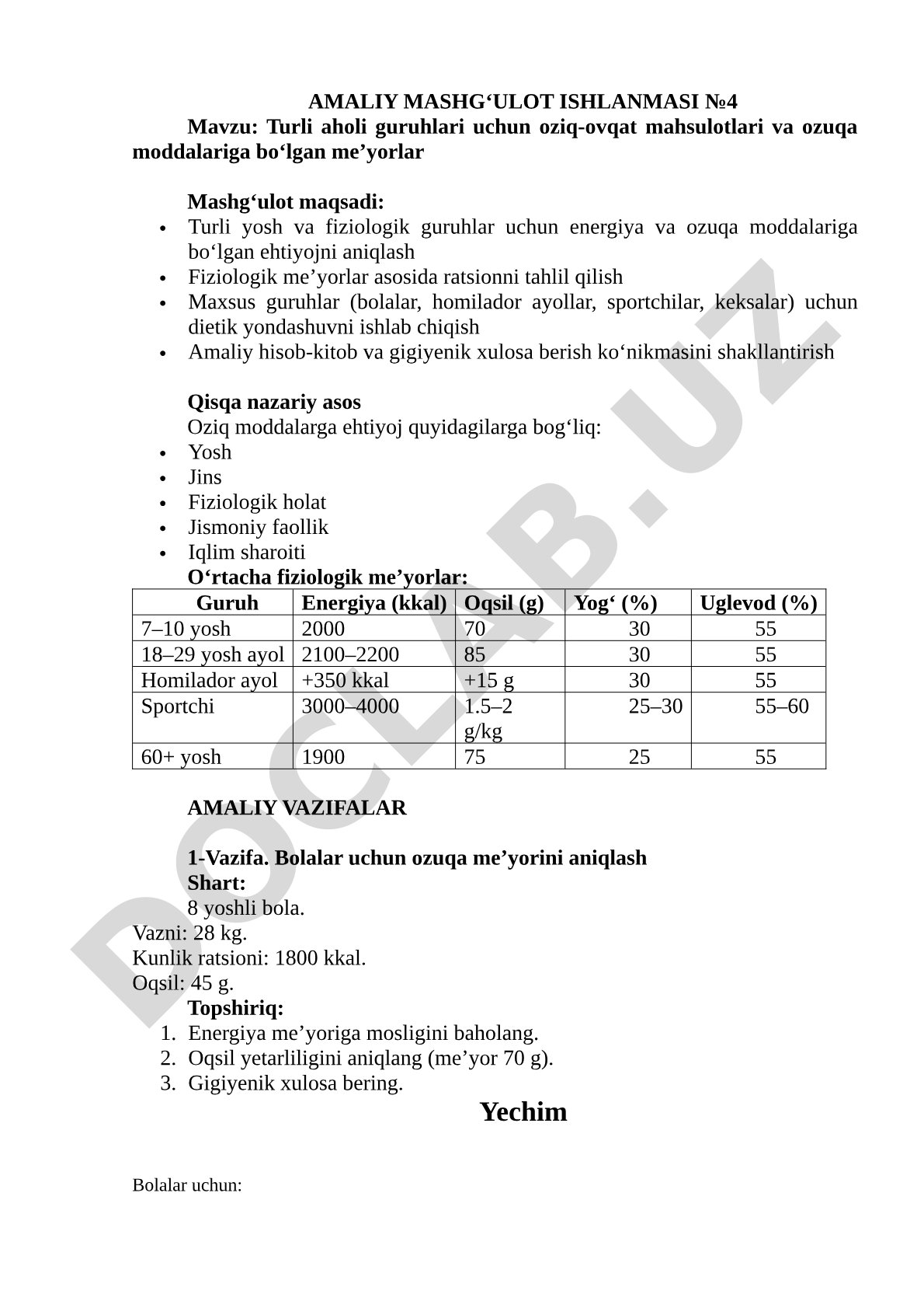 Turli aholi guruhlari uchun oziq-ovqat mahsulotlari va ozuqa moddalariga bo'lgan me'yorlar