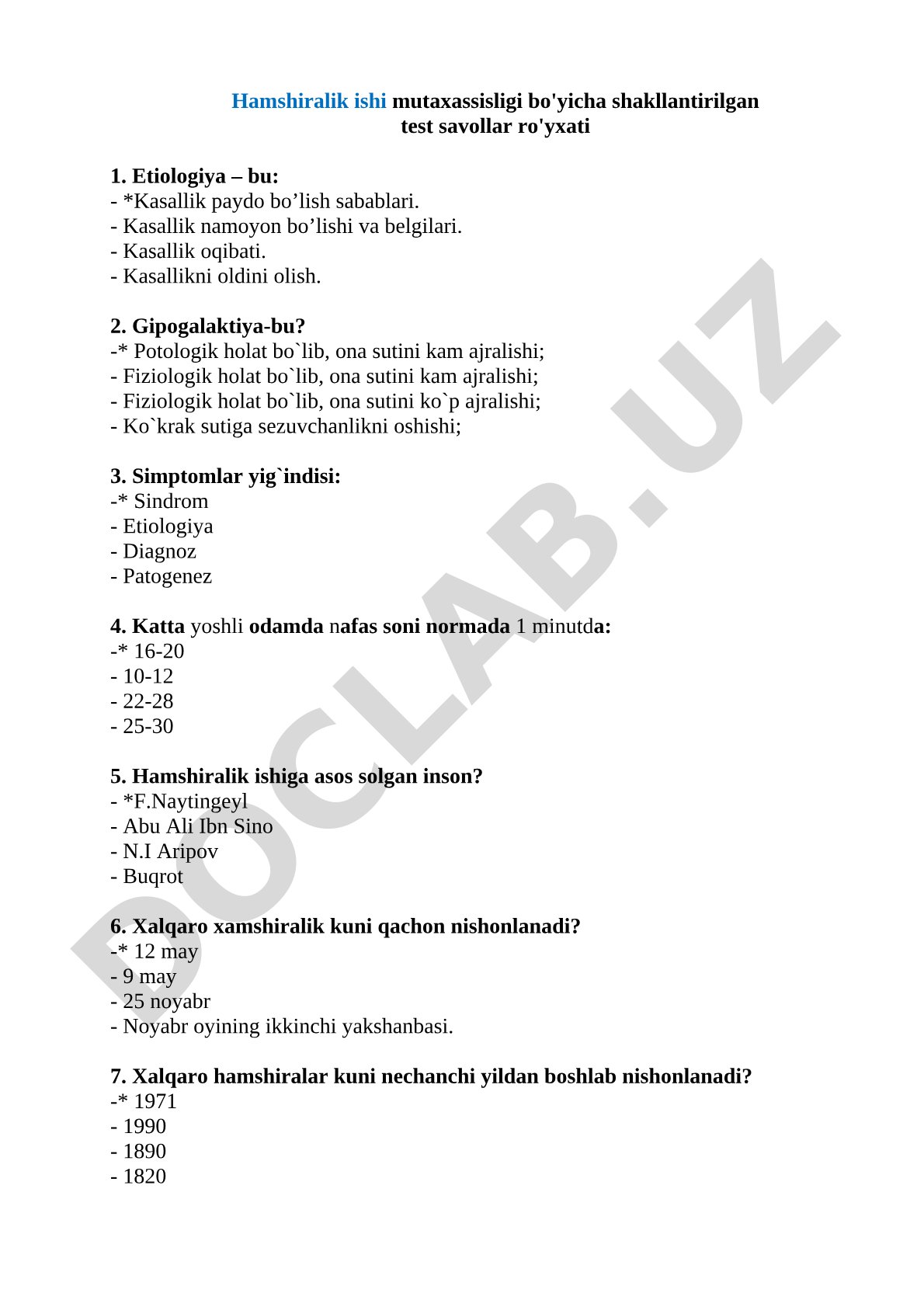 Oliy toifa Hamshiralik ishi mutaxasisligi bo'yicha test savollari va javoblari