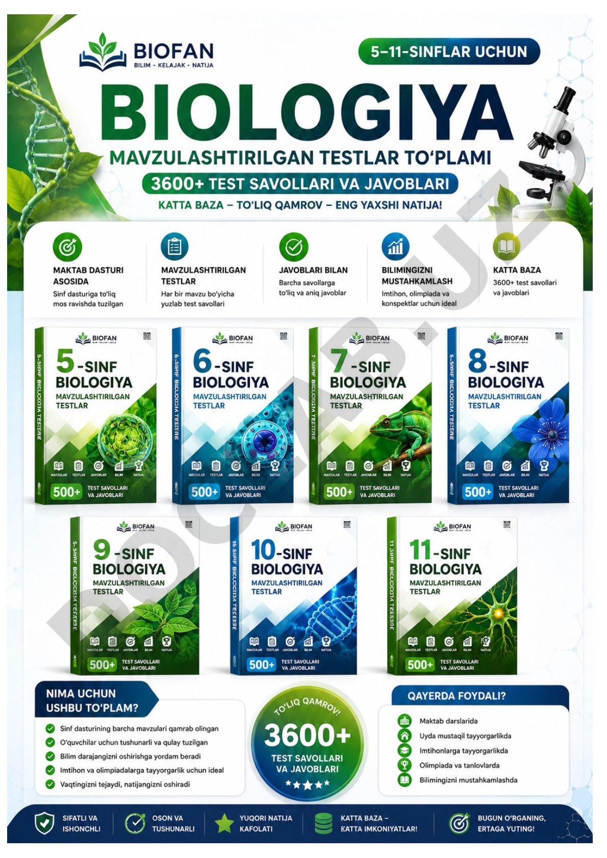 Biologiya fanidan mavzulashtirilgan testlar 5-11 sinf