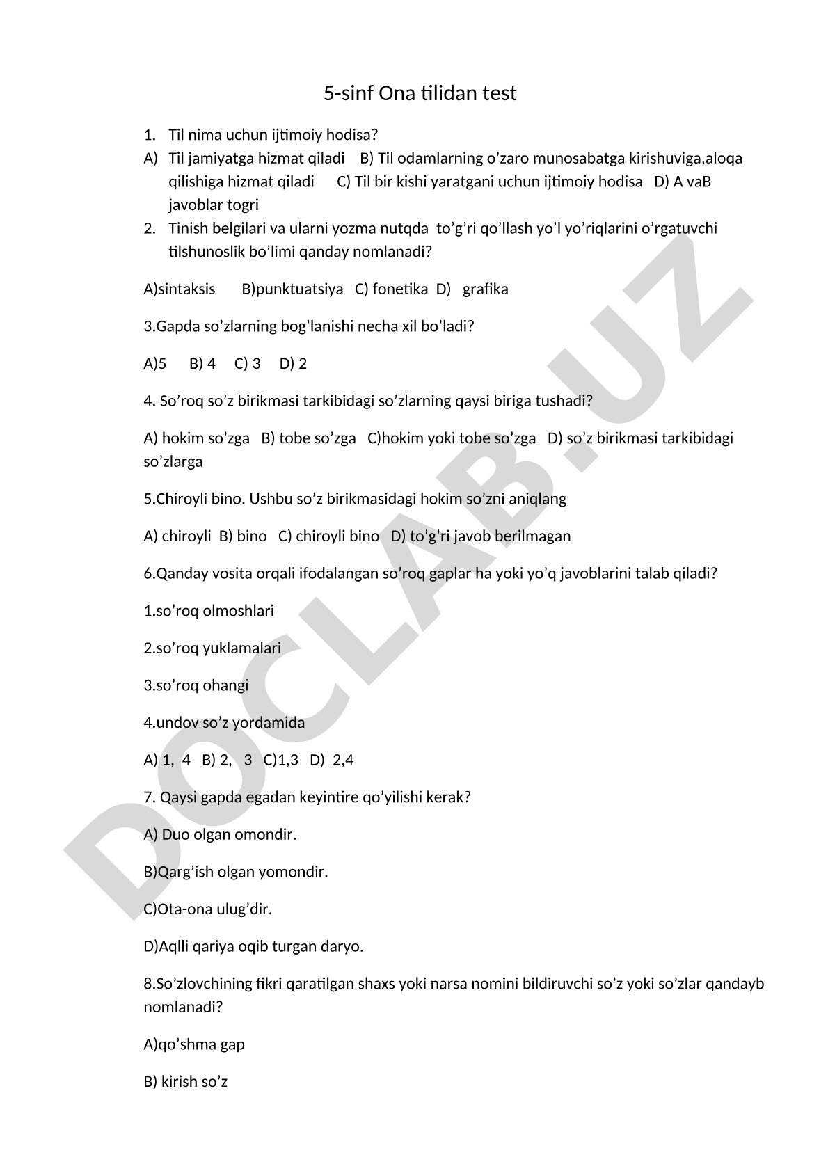 5-sinf Ona tilidan test