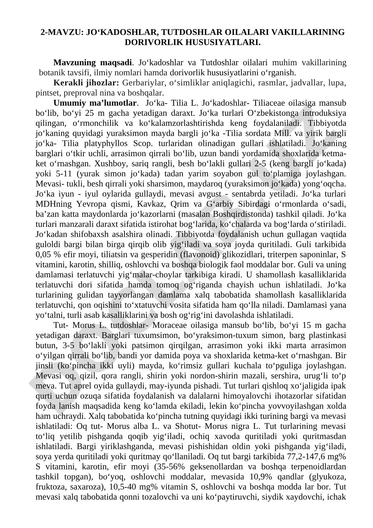 Jo‘kadoshlar va tutdoshlar oilalari vakillarining dorivorlik hususiyatlari