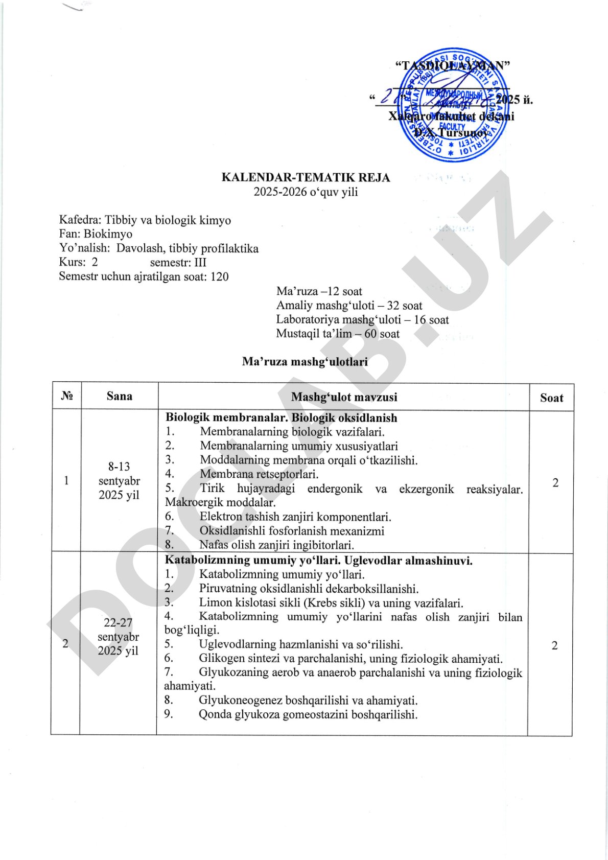 Biokimyo fanidan 2025-2026 o'quv yili uchun kalendar-tematik reja
