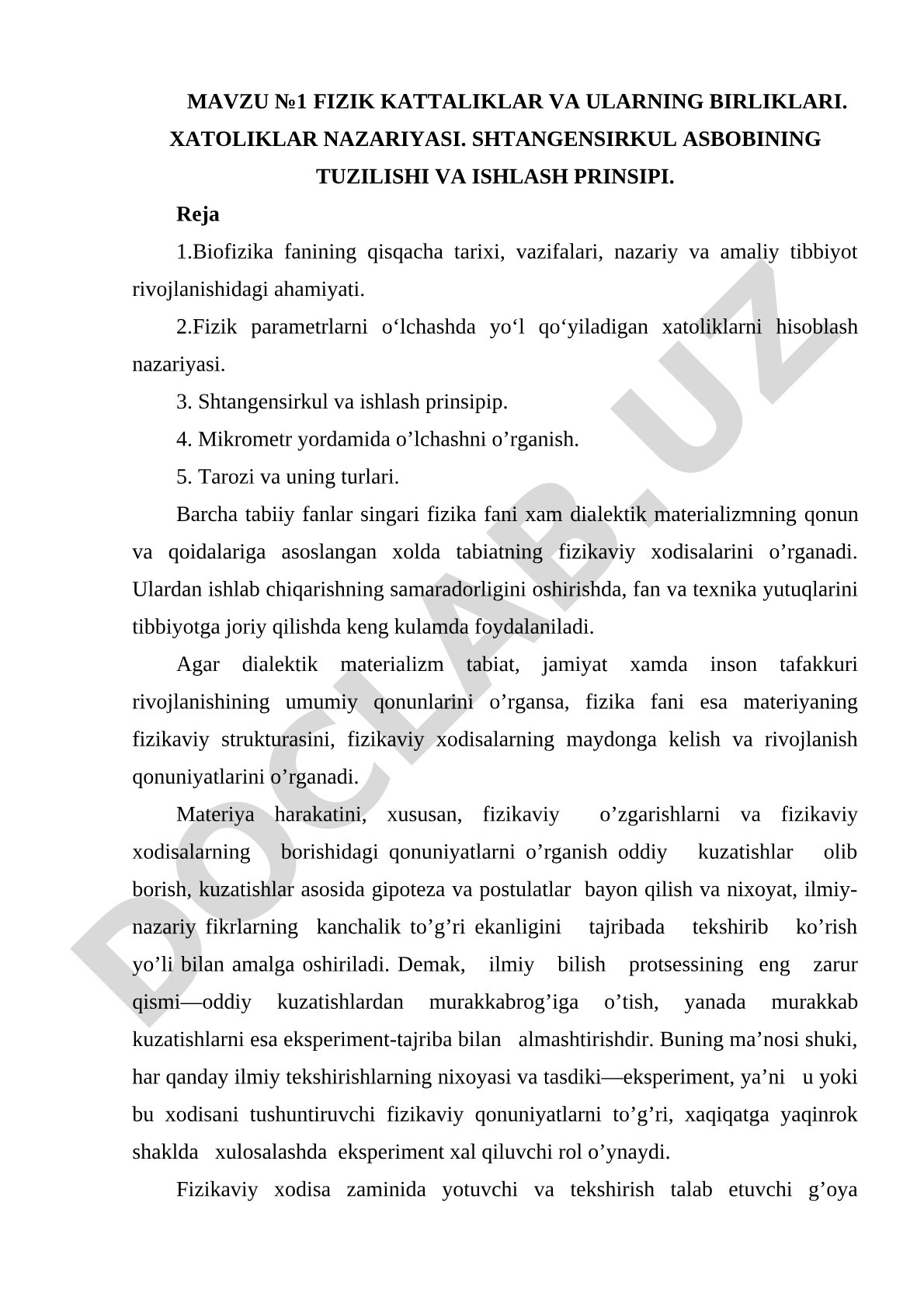 Fizik kattaliklar va ularning birliklari. Xatoliklar nazariyasi. Shtangensirkul asbobining tuzilishi va ishlash prinsipi