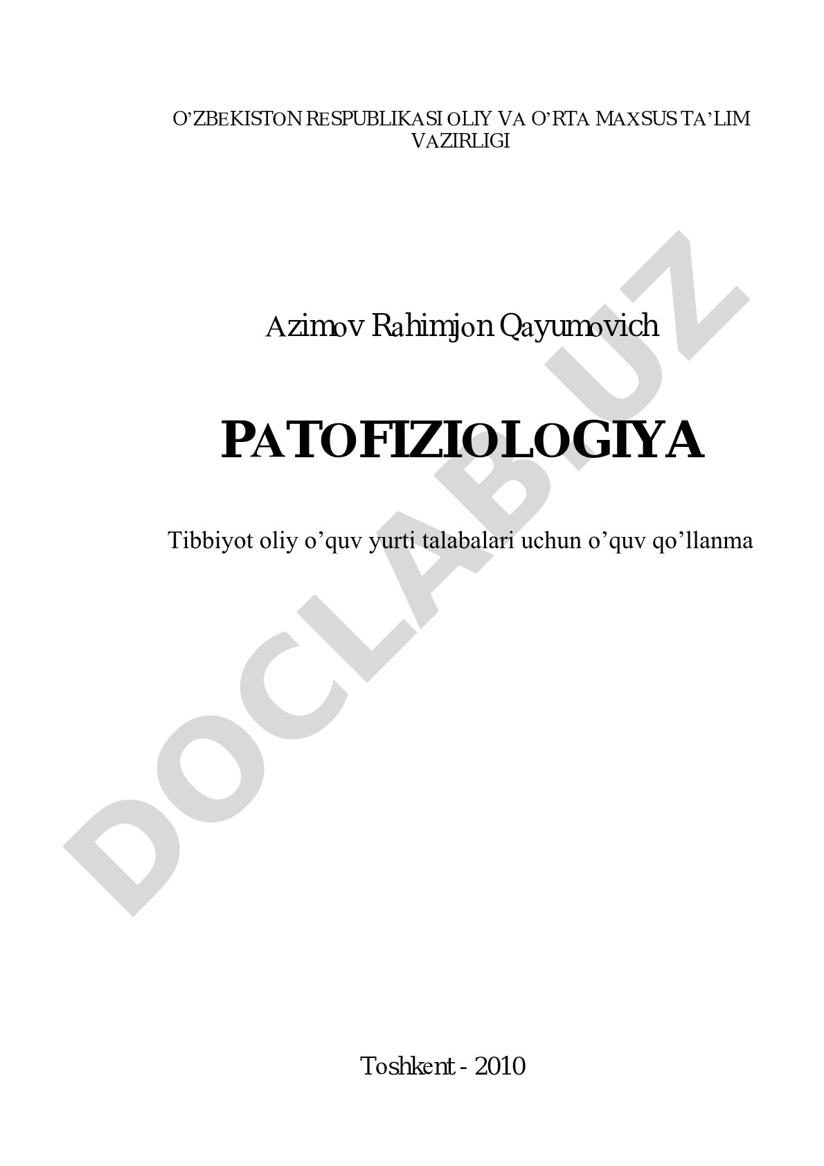 Patofiziologiya oliy tibbiy ta'lim maktablari uchun o'quv qo'llanma