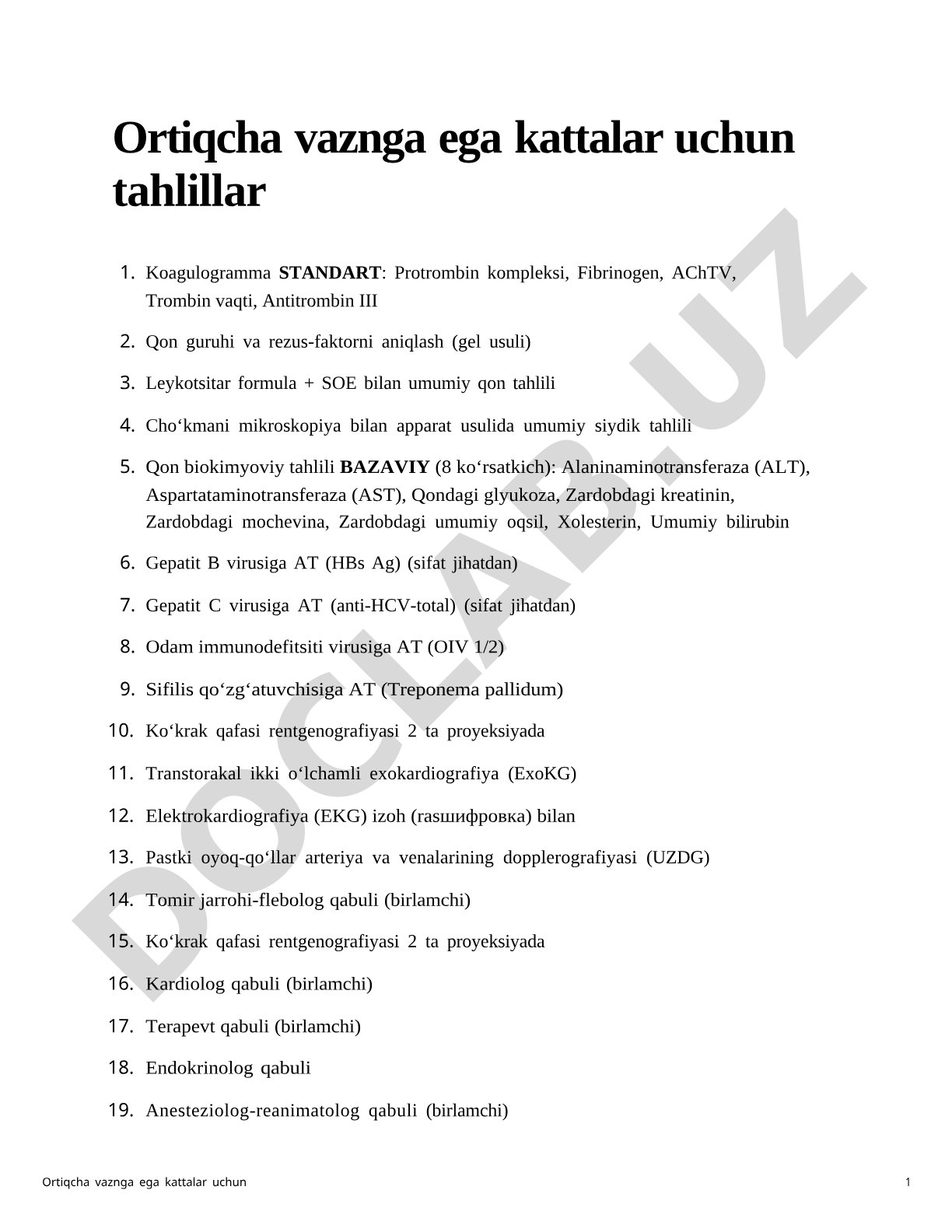 Ortiqcha vaznga ega kattalar uchun tibbiy ko'rik va tahlillar