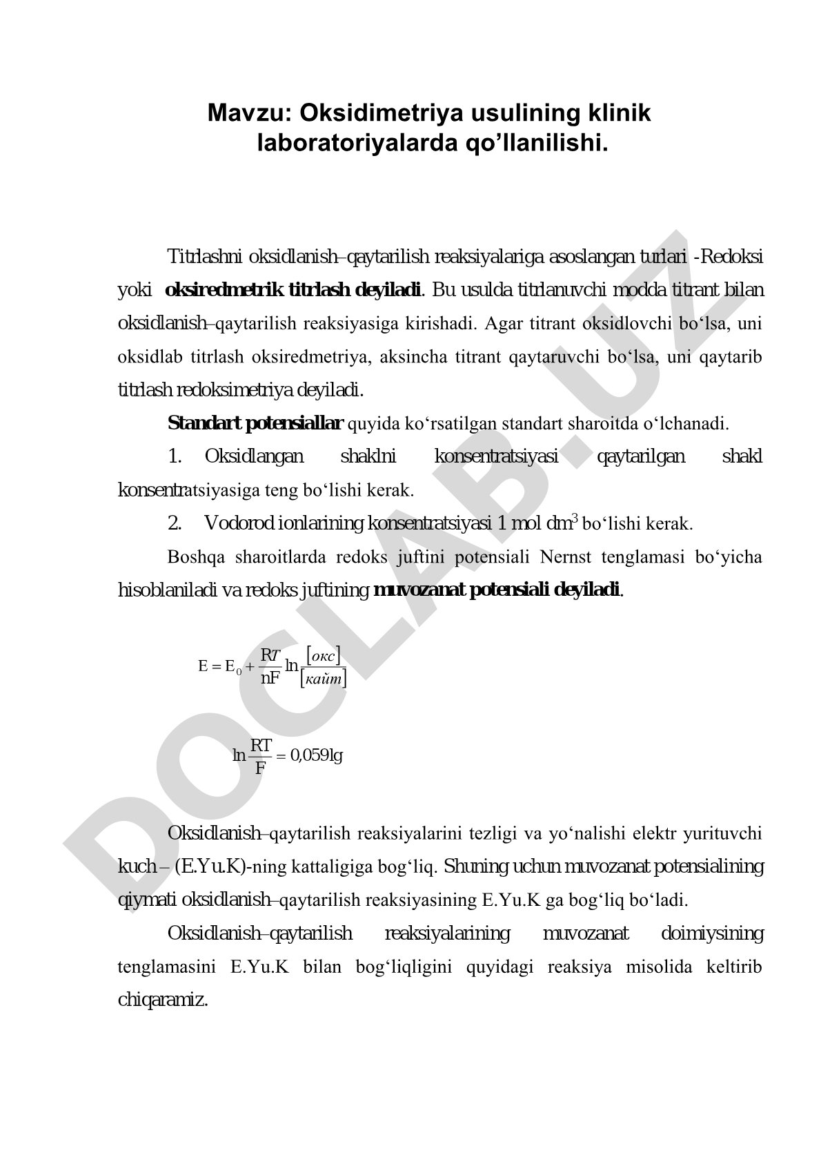 Oksidlanish–qaytarilish usullari bo‘yicha titrlash (Redoksimetriya)