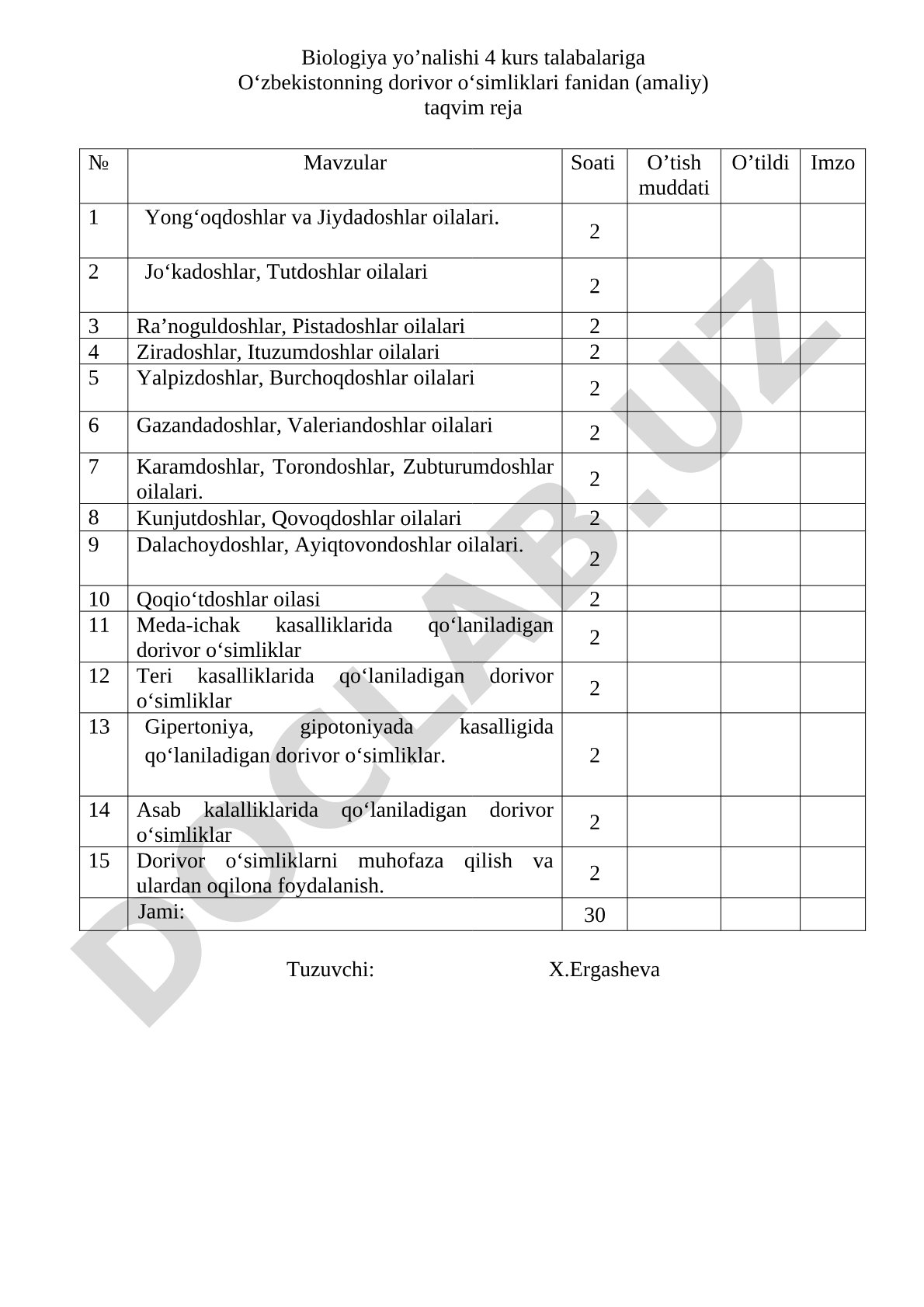 O‘zbekistonning dorivor o‘simliklari fanidan amaliy taqvim reja
