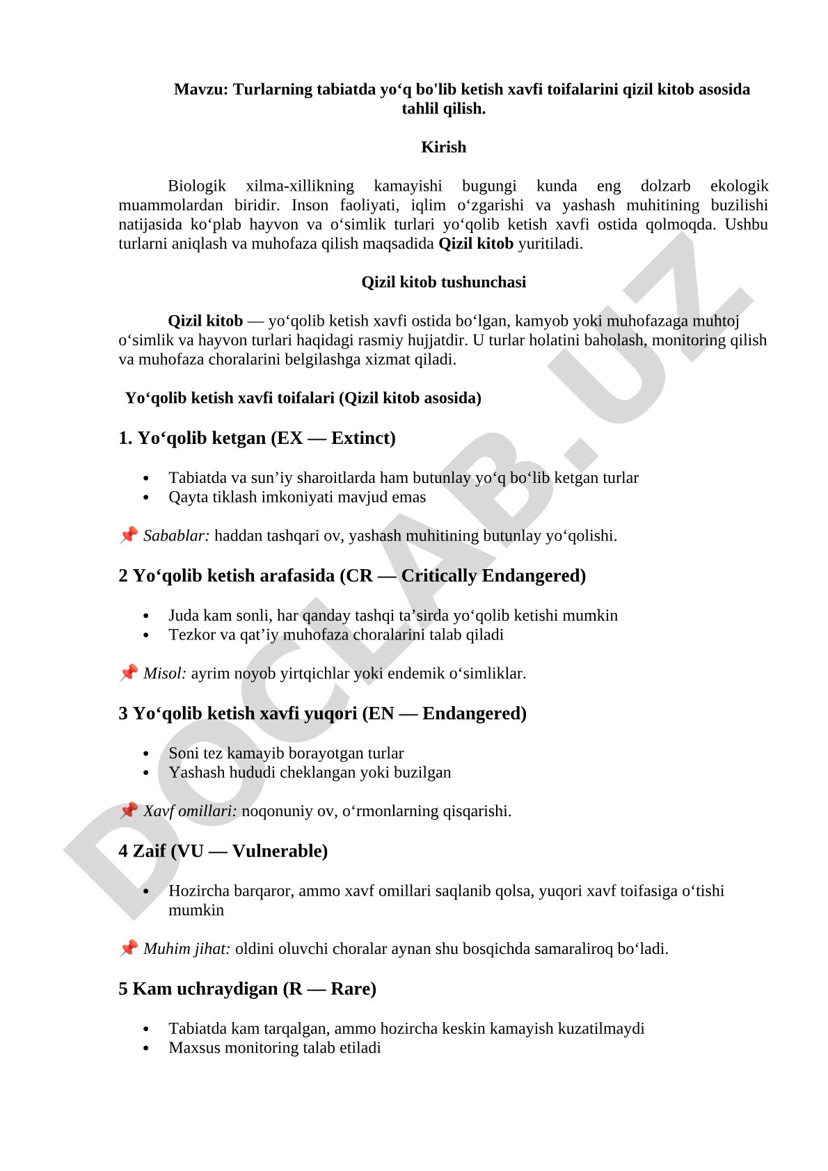 Turlarning tabiatda yo‘q bo'lib ketish xavfi toifalarini qizil kitob asosida tahlil qilish