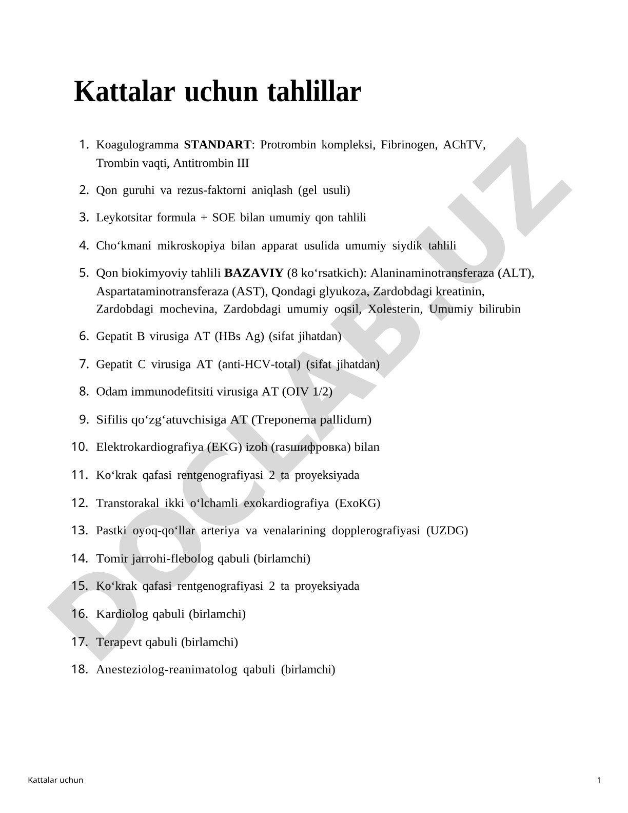 Kattalar uchun tibbiy tekshiruvlar va tahlillar kompleksi