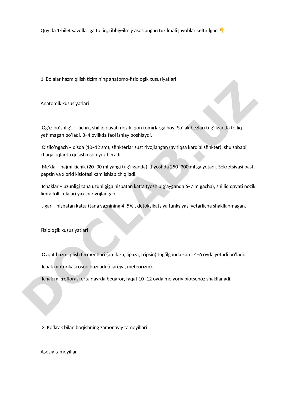 Bolalar hazm qilish tizimining anatomo-fiziologik xususiyatlari va ko'krak bilan boqish tamoyillari