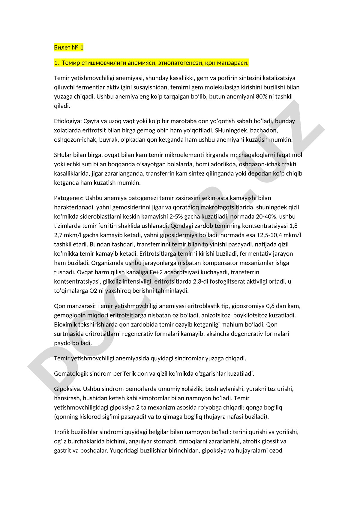 Temir yetishmovchiligi anemiyasi: etiologiyasi, patogenezi va klinik ko'rinishi