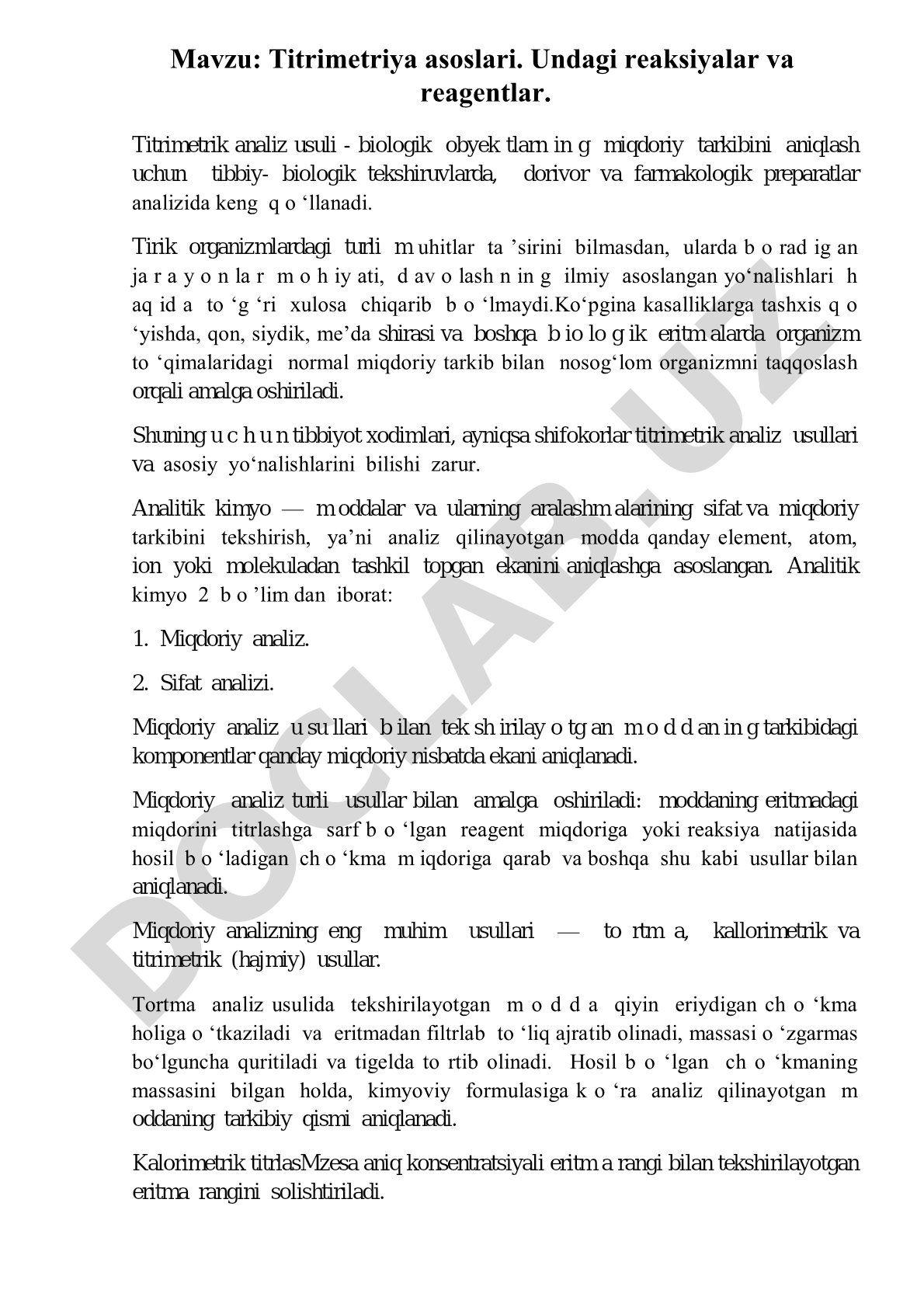 Titrimetrik analiz usuli va uning tibbiyotdagi ahamiyati
