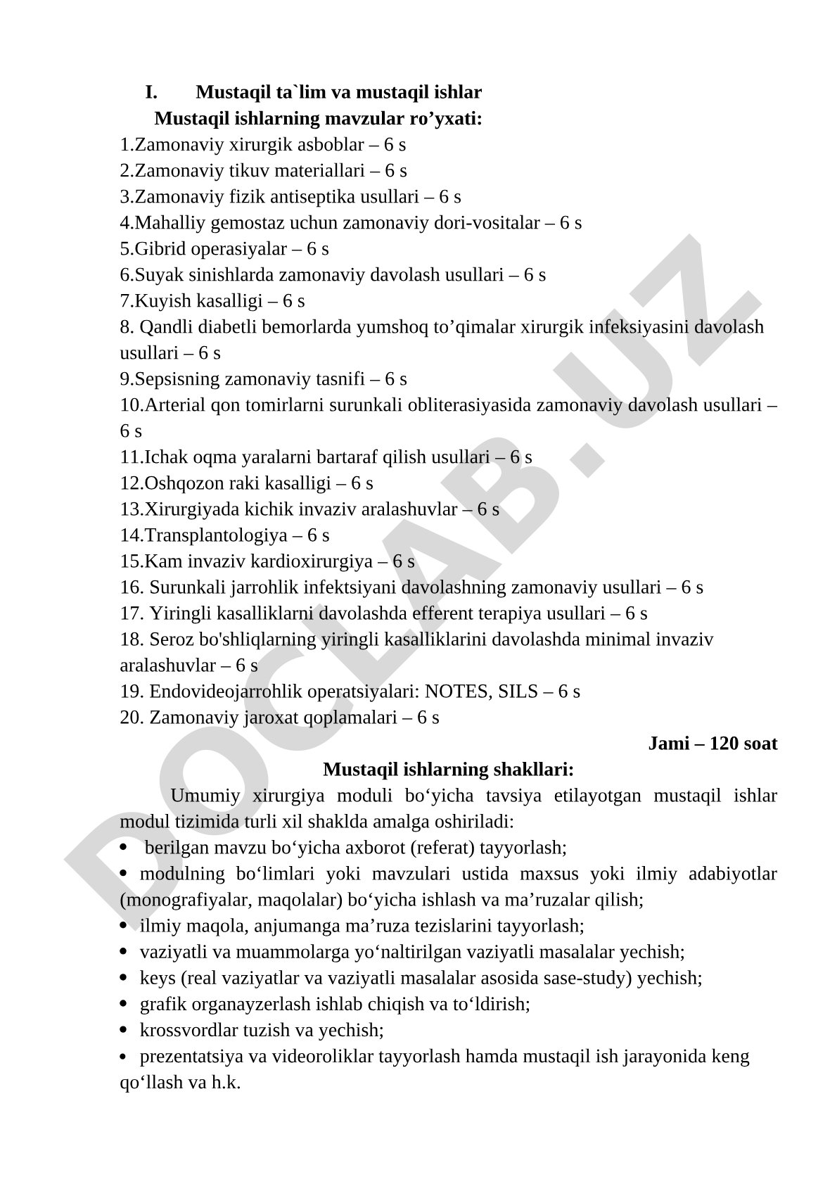 Umumiy xirurgiya moduli bo'yicha mustaqil ishlar mavzulari