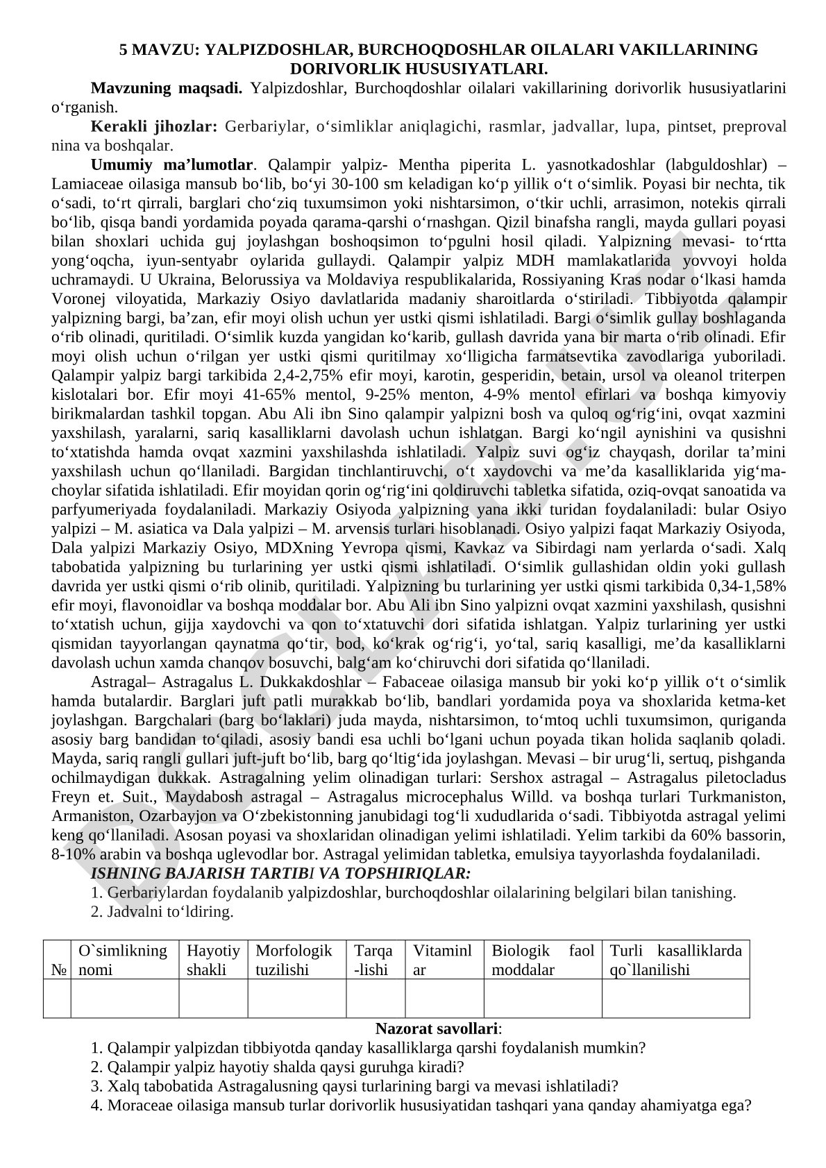 Yalpizdoshlar, Burchoqdoshlar oilalari vakillarining dorivorlik hususiyatlari