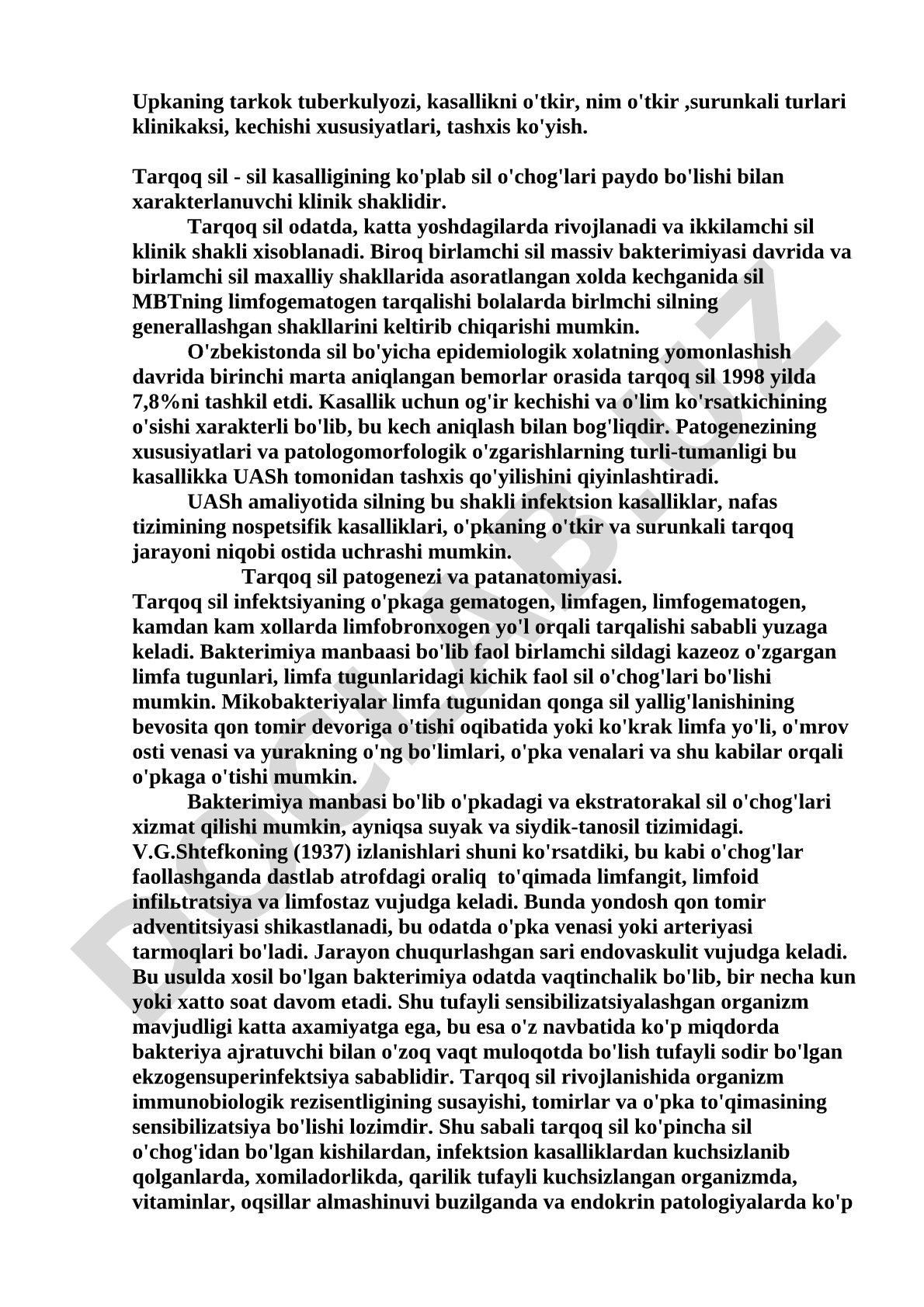 O'pkaning tarqoq tuberkulyozi: klinikasi, kechishi va tashxisi
