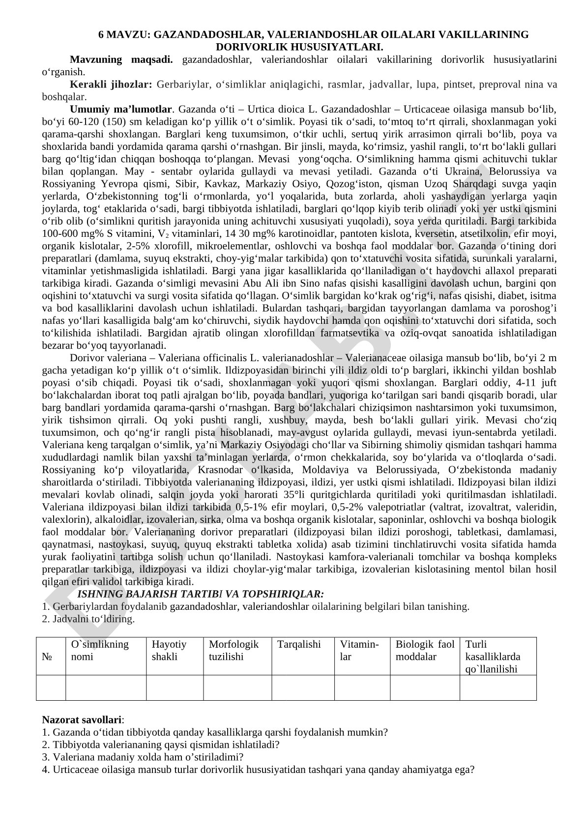 Gazandadoshlar, valeriandoshlar oilalari vakillarining dorivorlik hususiyatlari