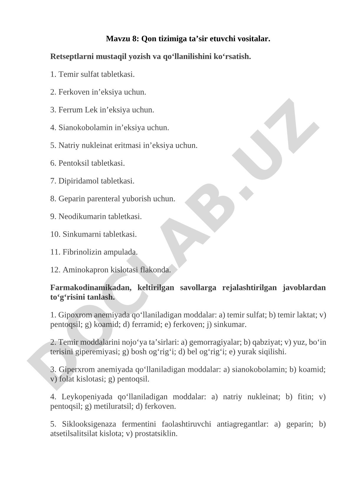 Qon tizimiga ta’sir etuvchi vositalar