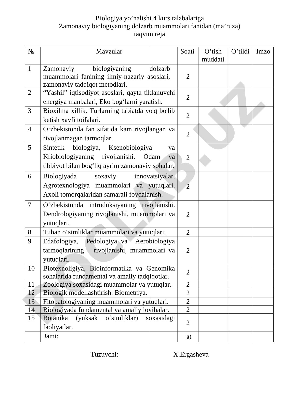 Zamonaviy biologiyaning dolzarb muammolari fanidan taqvim reja