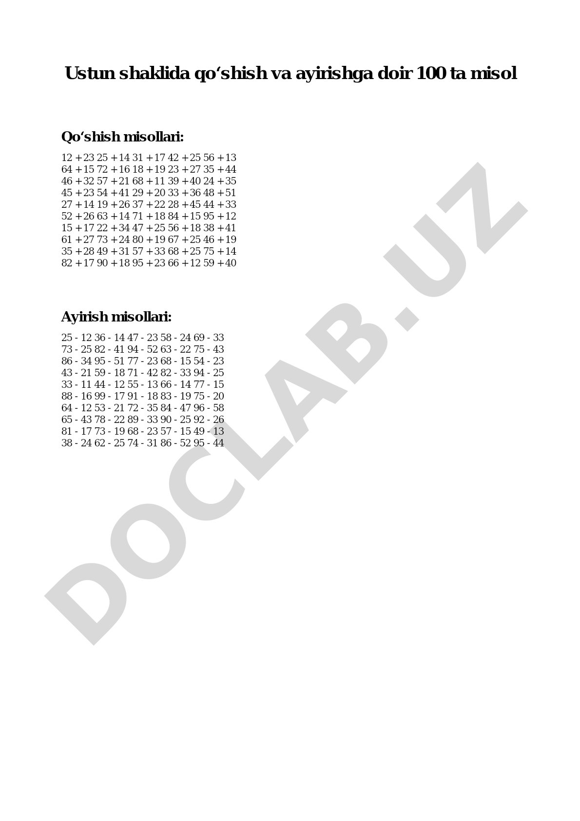 Ustun shaklida qo‘shish va ayirishga doir 100 ta misol